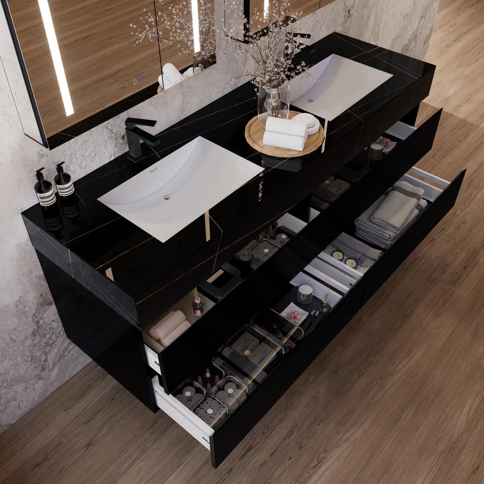 Aventino 60" Black Fluted Floating Double-Sink Vanity with Sintered Stone Top