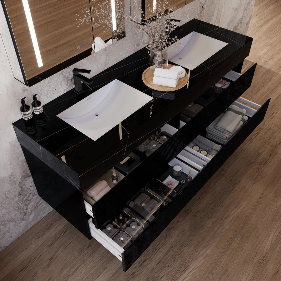 Aventino wall-mounted vanity — side profile showing floor clearance