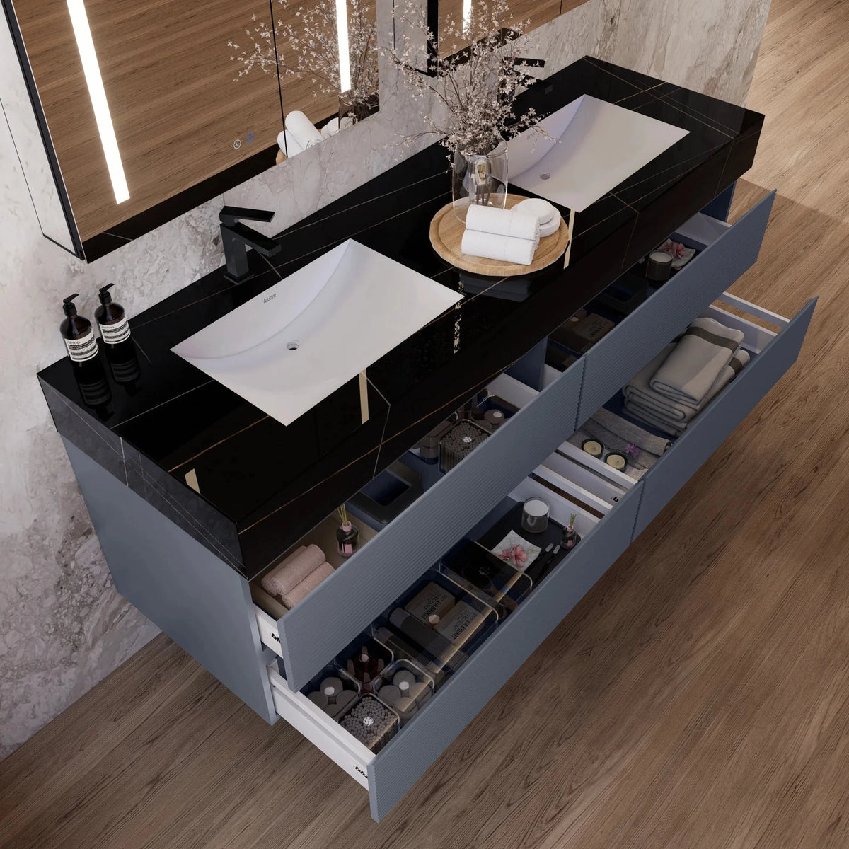 Aventino 60-inch Black Marquina fluted floating double-sink vanity — sintered stone top