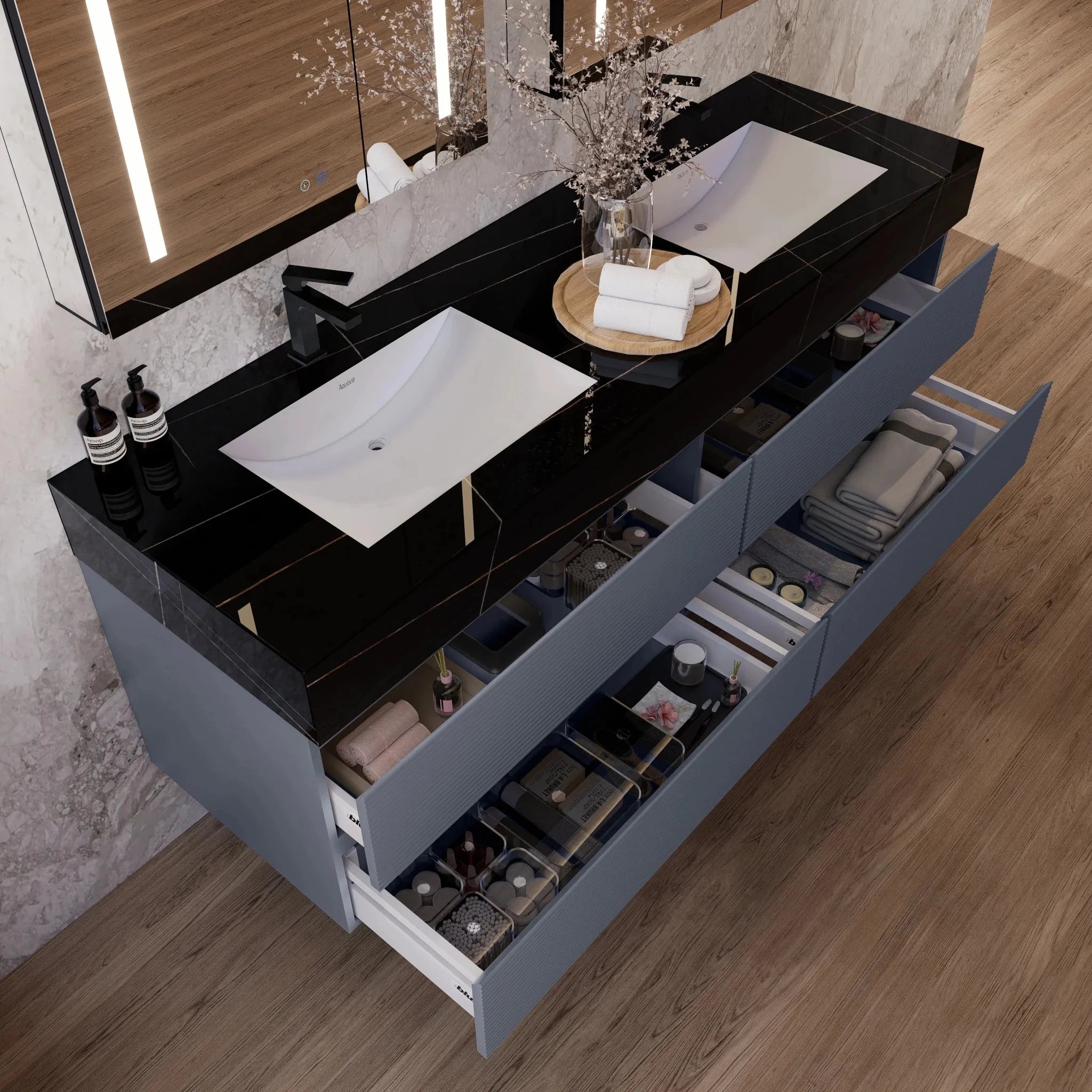 Aventino 60"/71" Dark Grey Fluted Floating Double-Sink Vanity with Sintered Stone Top