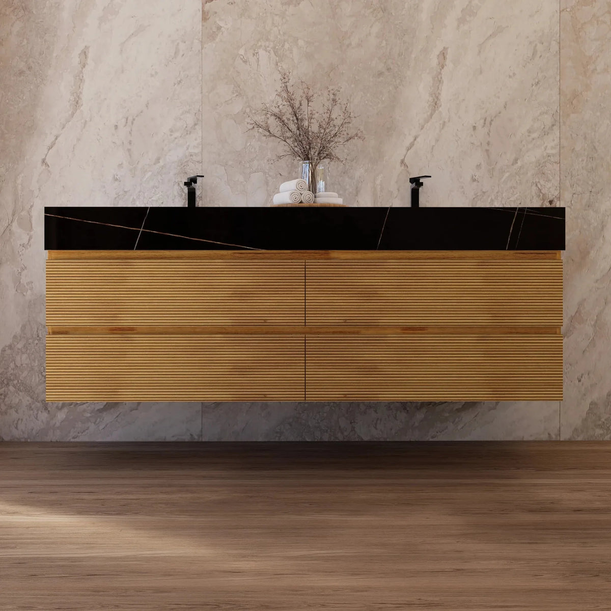 Aventino 60-inch natural-oak fluted floating double-sink vanity with black marquina sintered stone top