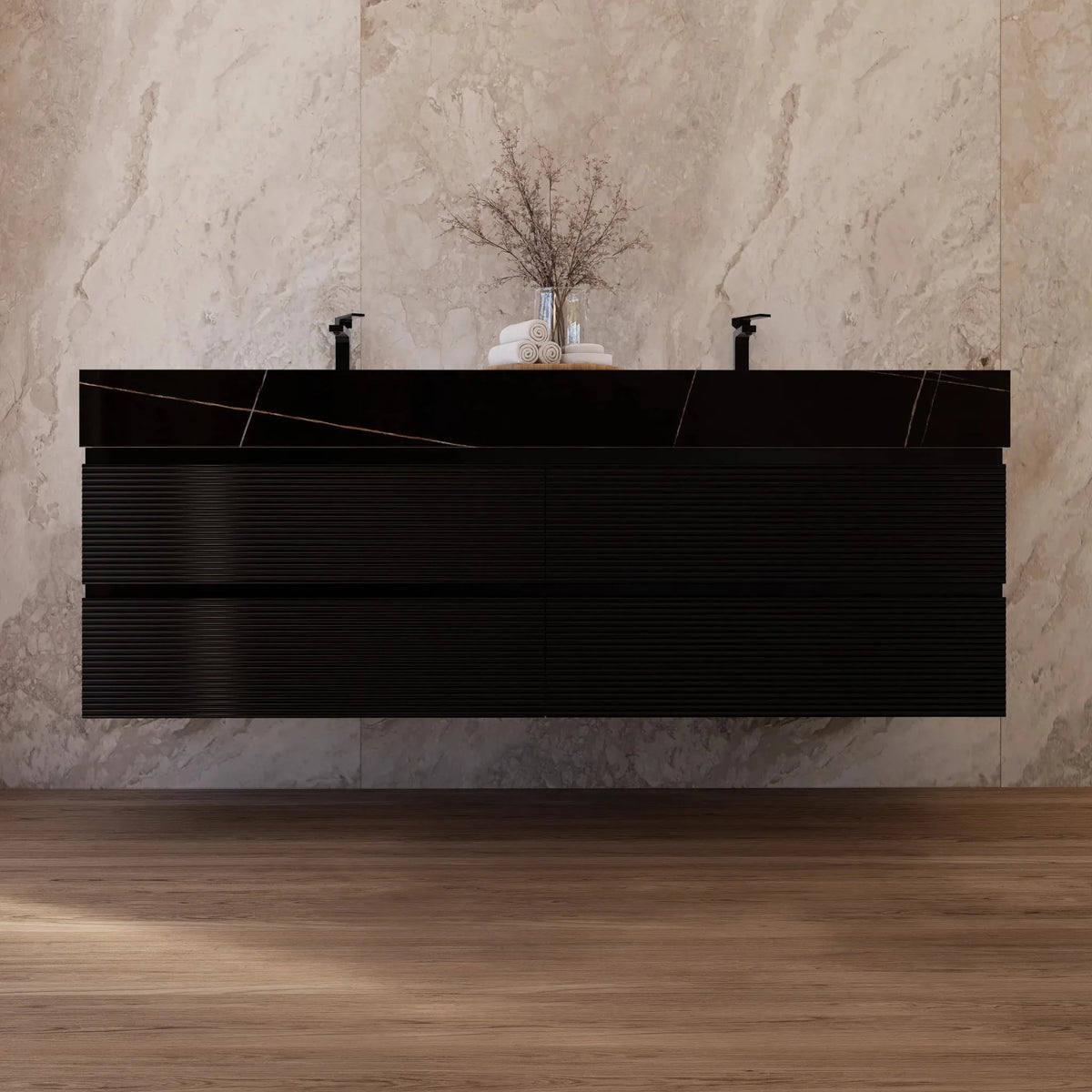 Aventino 60-inch Black Marquina Gold Veins fluted floating double-sink vanity — sintered stone top