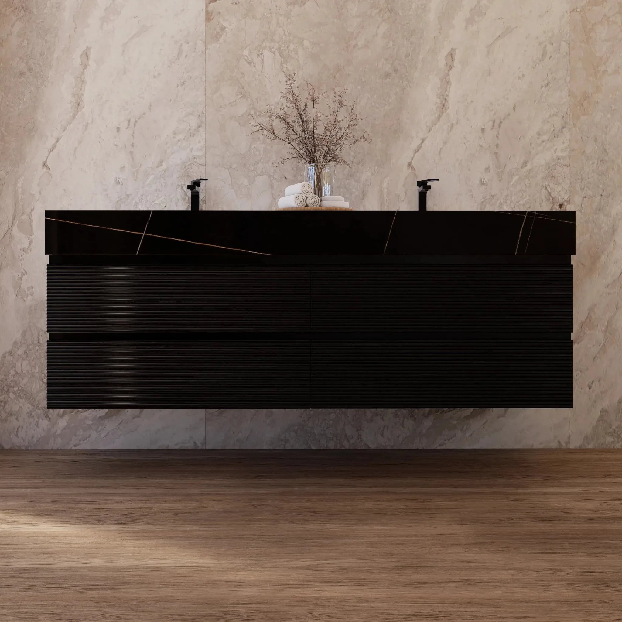 Aventino 60" Black Fluted Floating Double-Sink Vanity with Sintered Stone Top