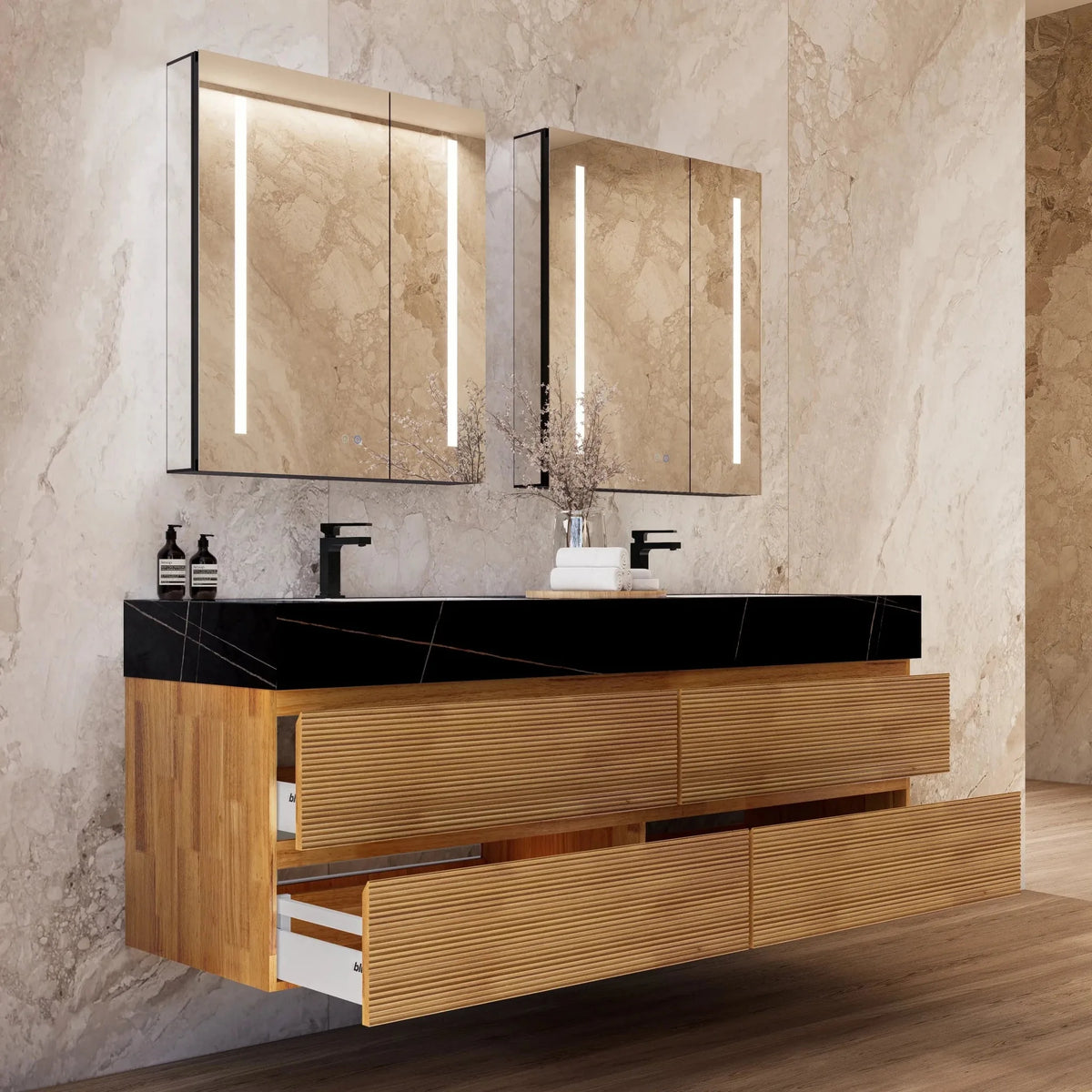 Aventino 60-inch natural-oak fluted floating double-sink vanity with black marquina sintered stone top