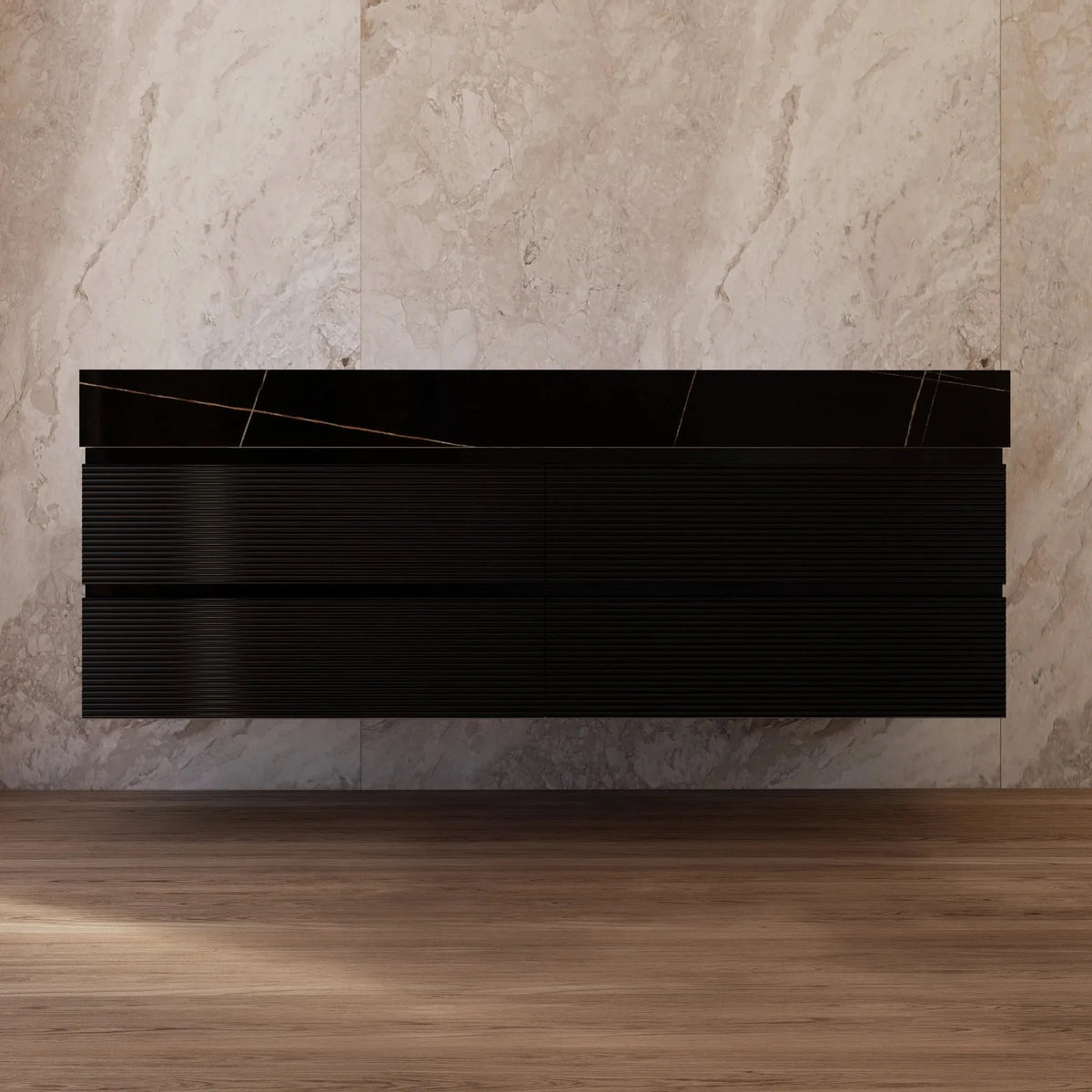 Aventino 60-inch Black Marquina Gold Veins fluted floating double-sink vanity — sintered stone top