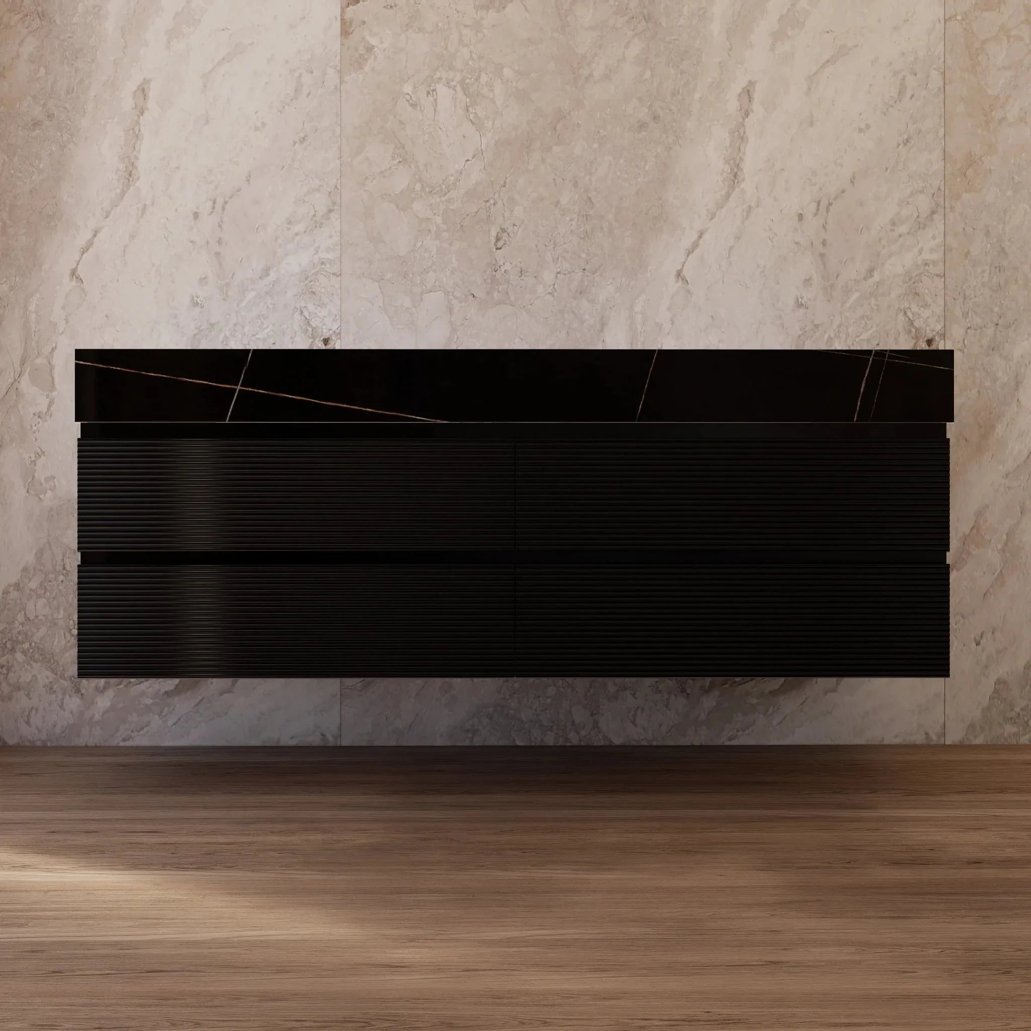 Aventino 60" Black Fluted Floating Double-Sink Vanity with Sintered Stone Top