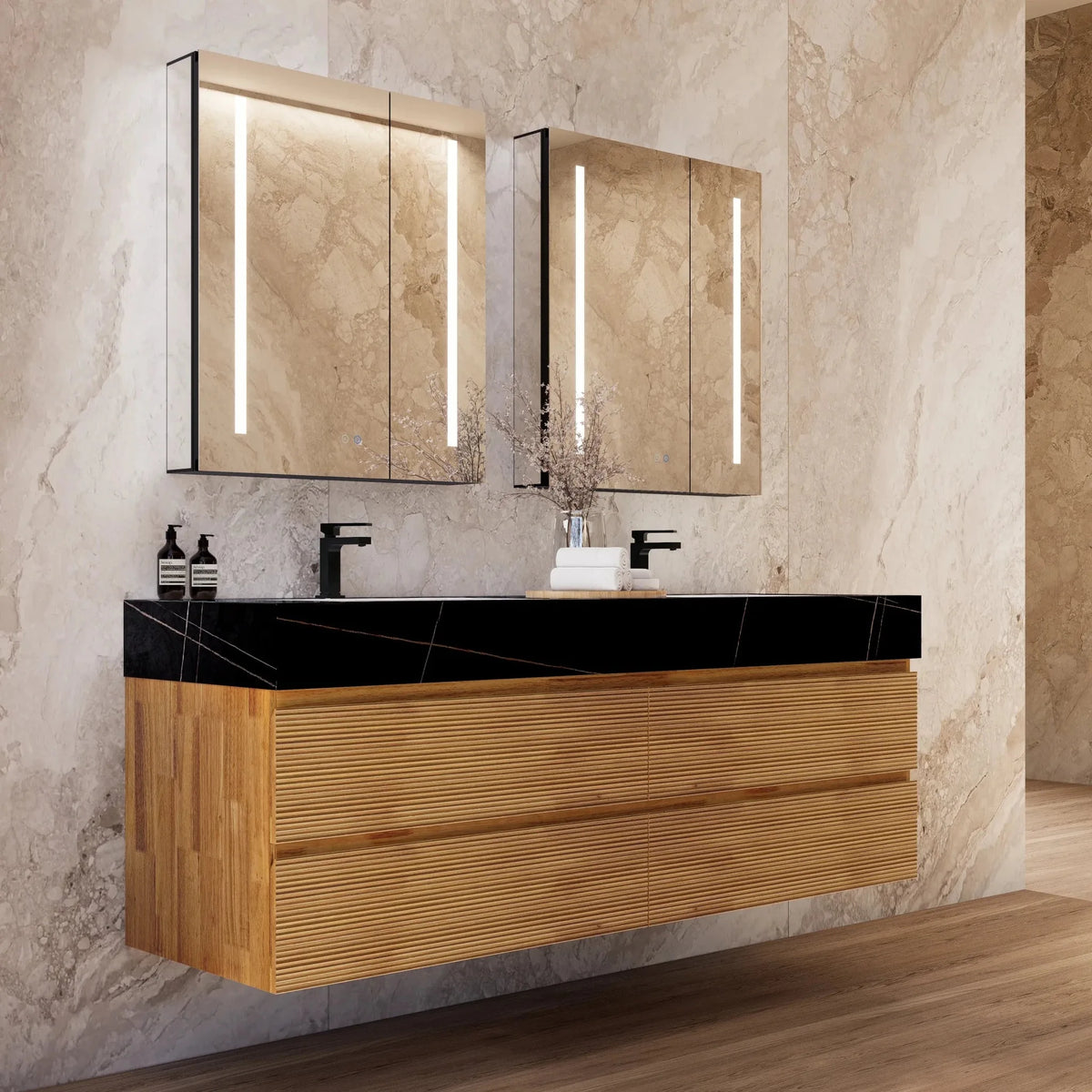 Aventino 60-inch natural-oak fluted floating double-sink vanity with black marquina sintered stone top