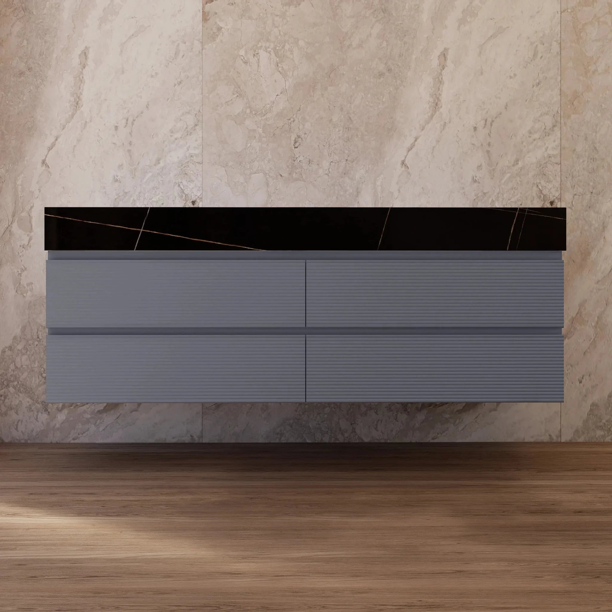 Aventino 60"/71" Dark Grey Fluted Floating Double-Sink Vanity with Sintered Stone Top