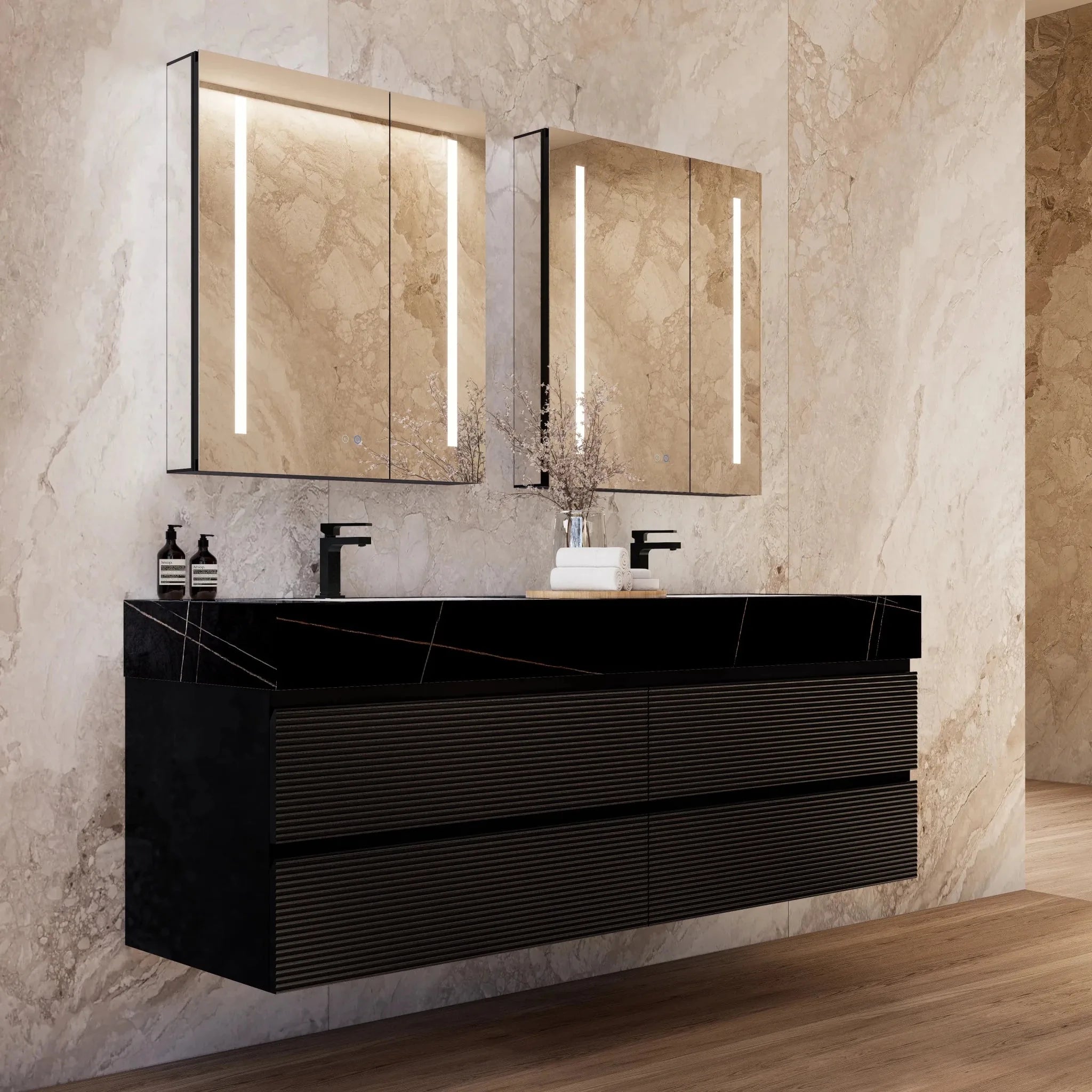 Aventino 60" Black Fluted Floating Double-Sink Vanity with Sintered Stone Top