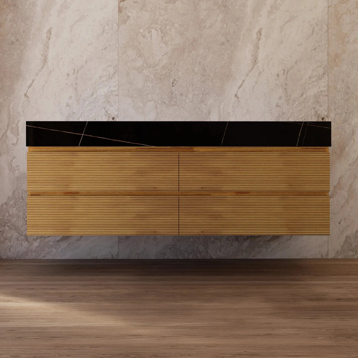 Aventino 60-inch natural-oak fluted floating double-sink vanity with black marquina sintered stone top