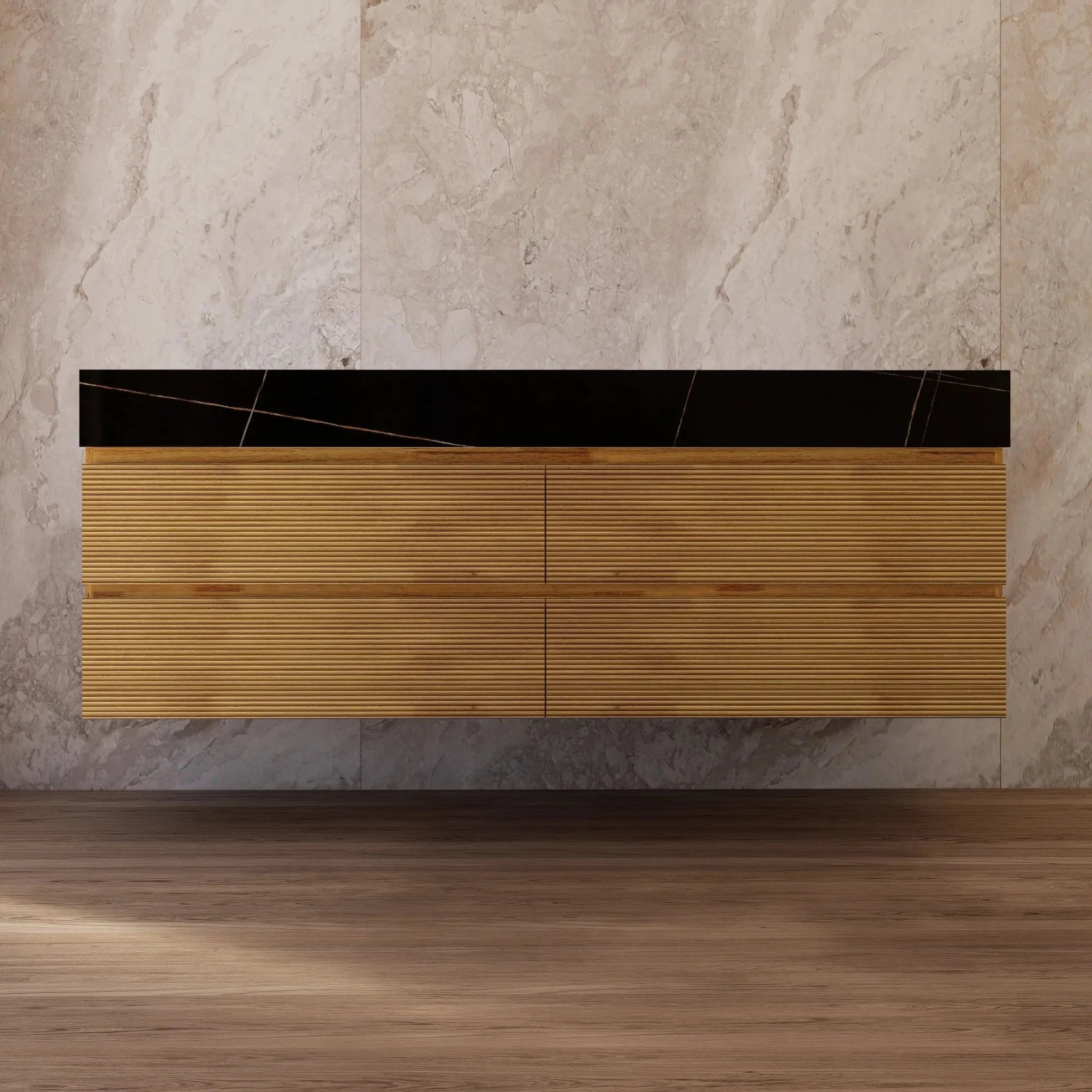 Aventino 60" Oak Fluted Floating Double-Sink Vanity with Sintered Stone Top