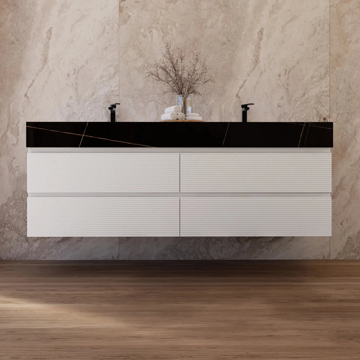 Aventino 60-inch black marquina gold veins Fluted floating double-sink vanity — sintered stone top