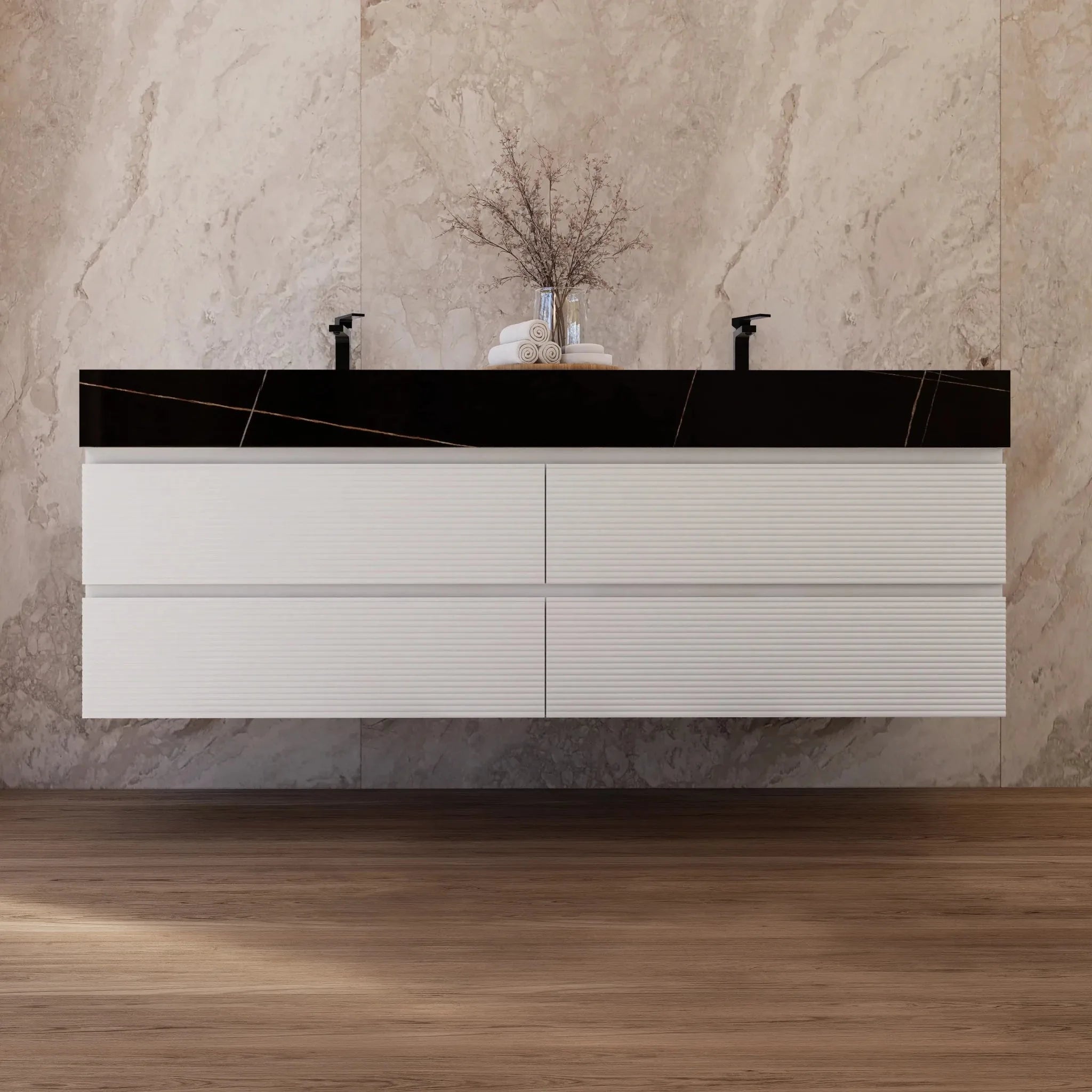 Aventino 60" White Fluted Floating Double-Sink Vanity with Sintered Stone Top