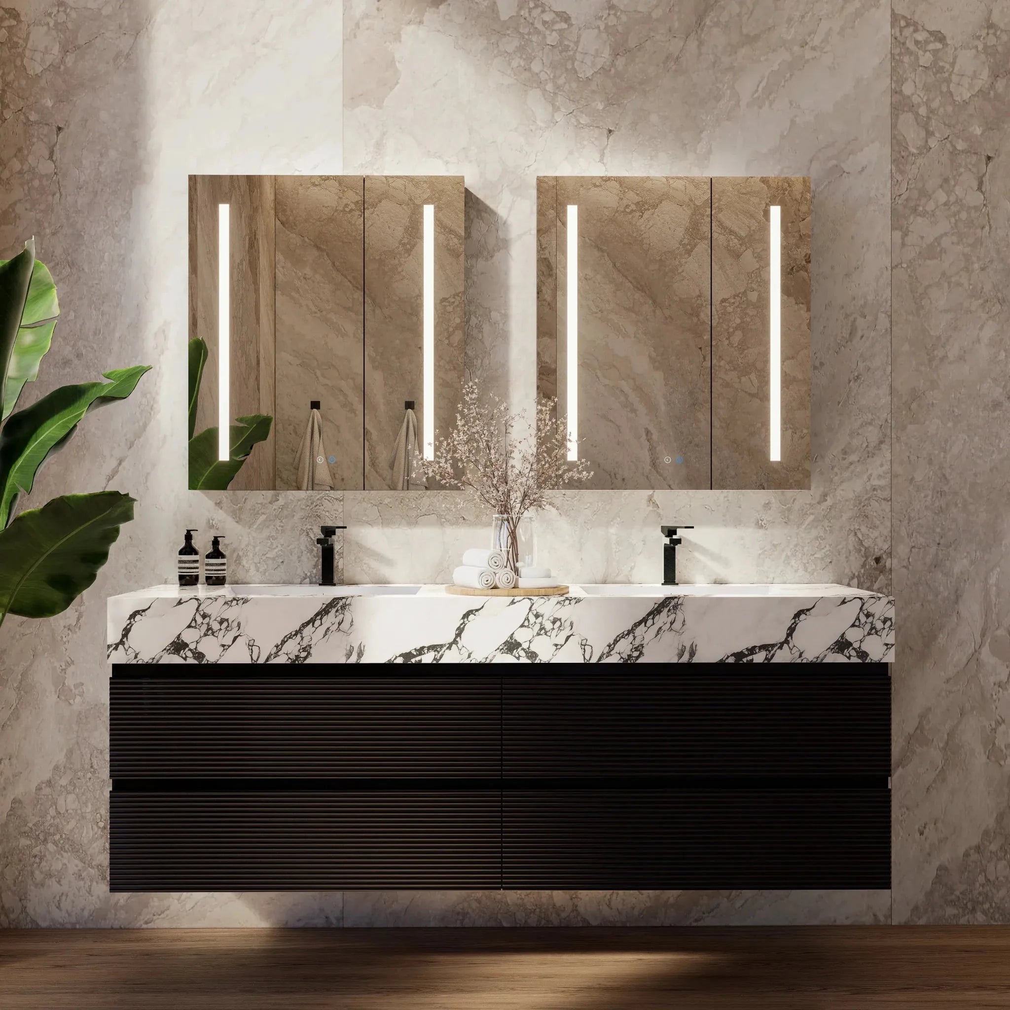 Aventino 60" Black Fluted Floating Double-Sink Vanity with Sintered Stone Top