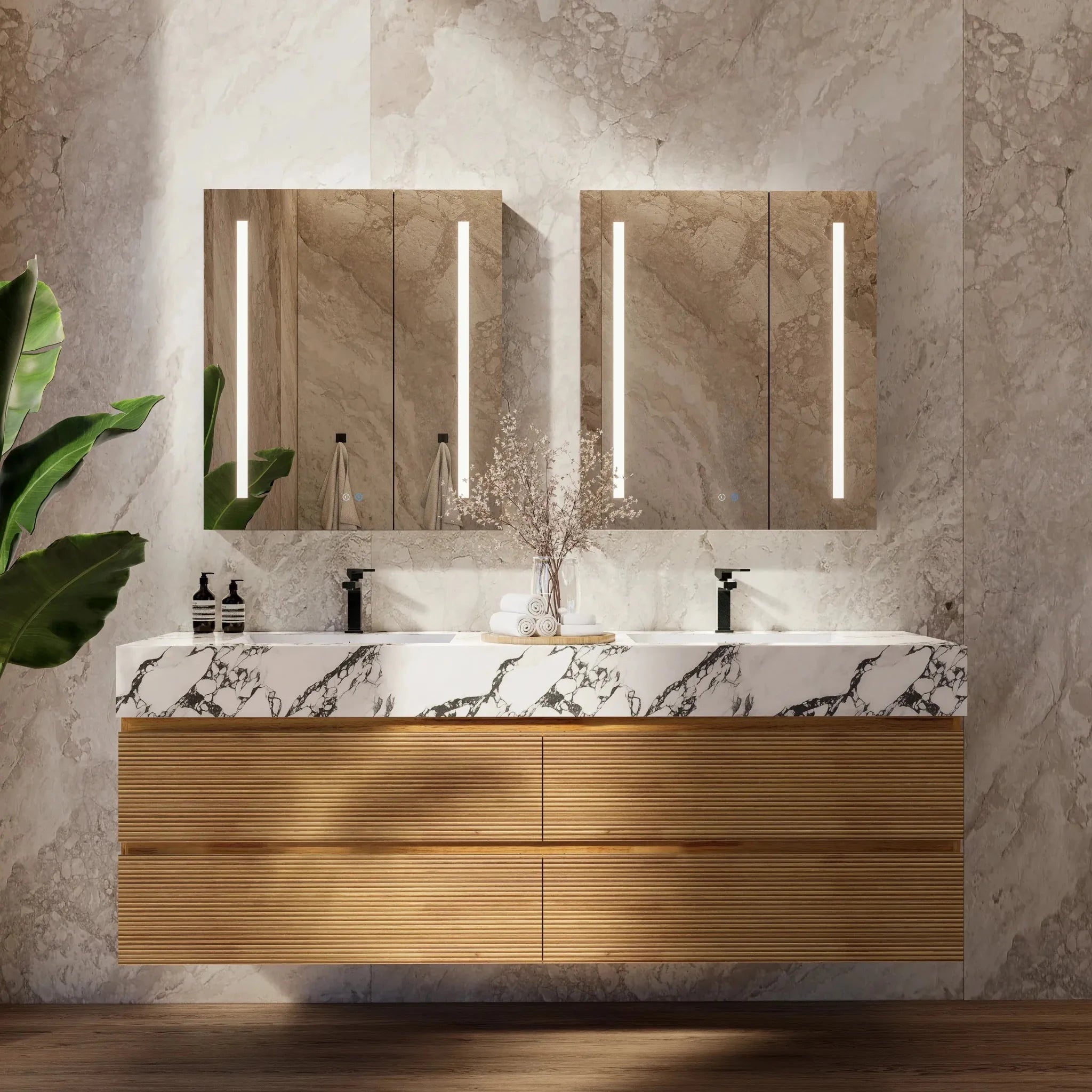 Aventino 60" Oak Fluted Floating Double-Sink Vanity with Sintered Stone Top