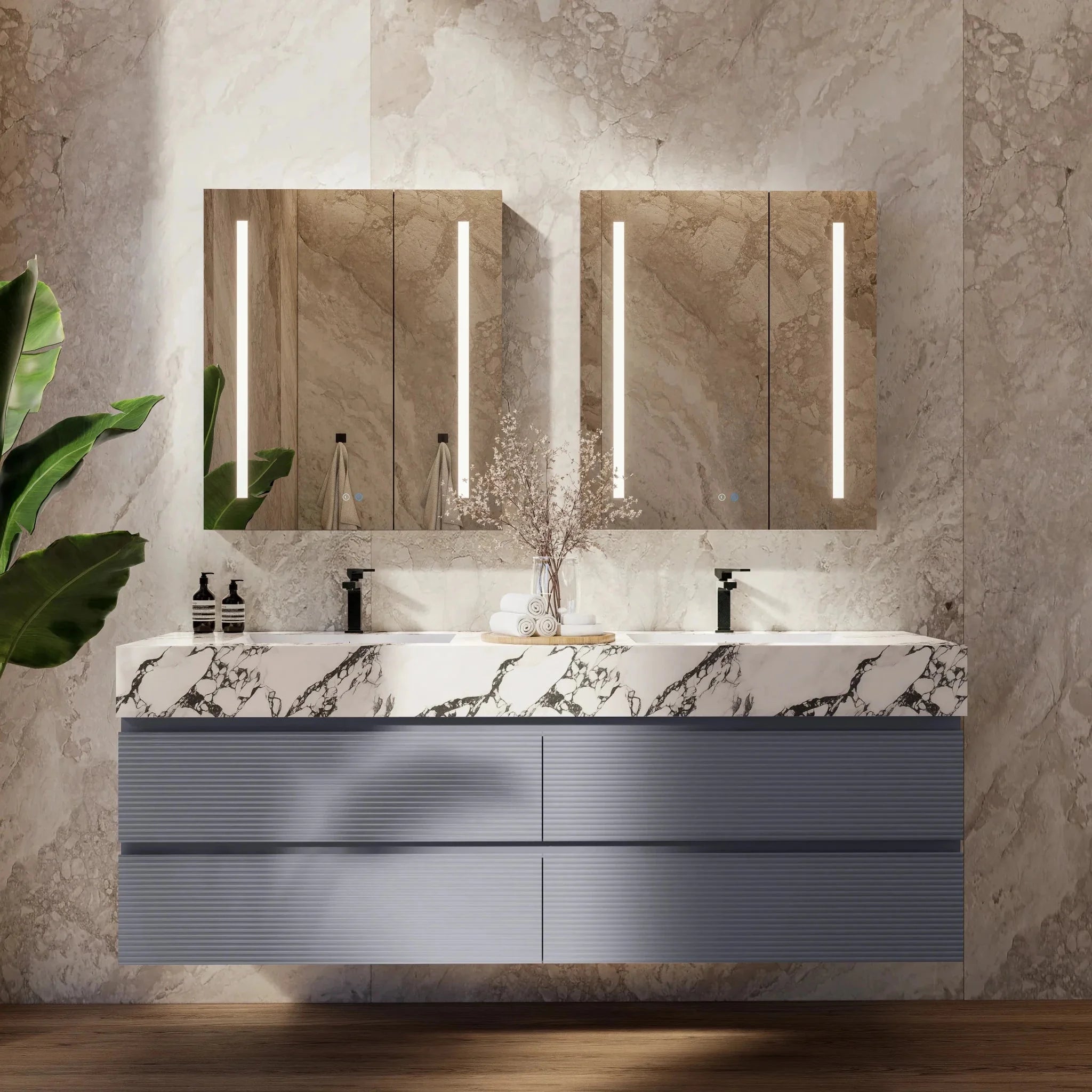 Aventino 60"/71" Dark Grey Fluted Floating Double-Sink Vanity with Sintered Stone Top