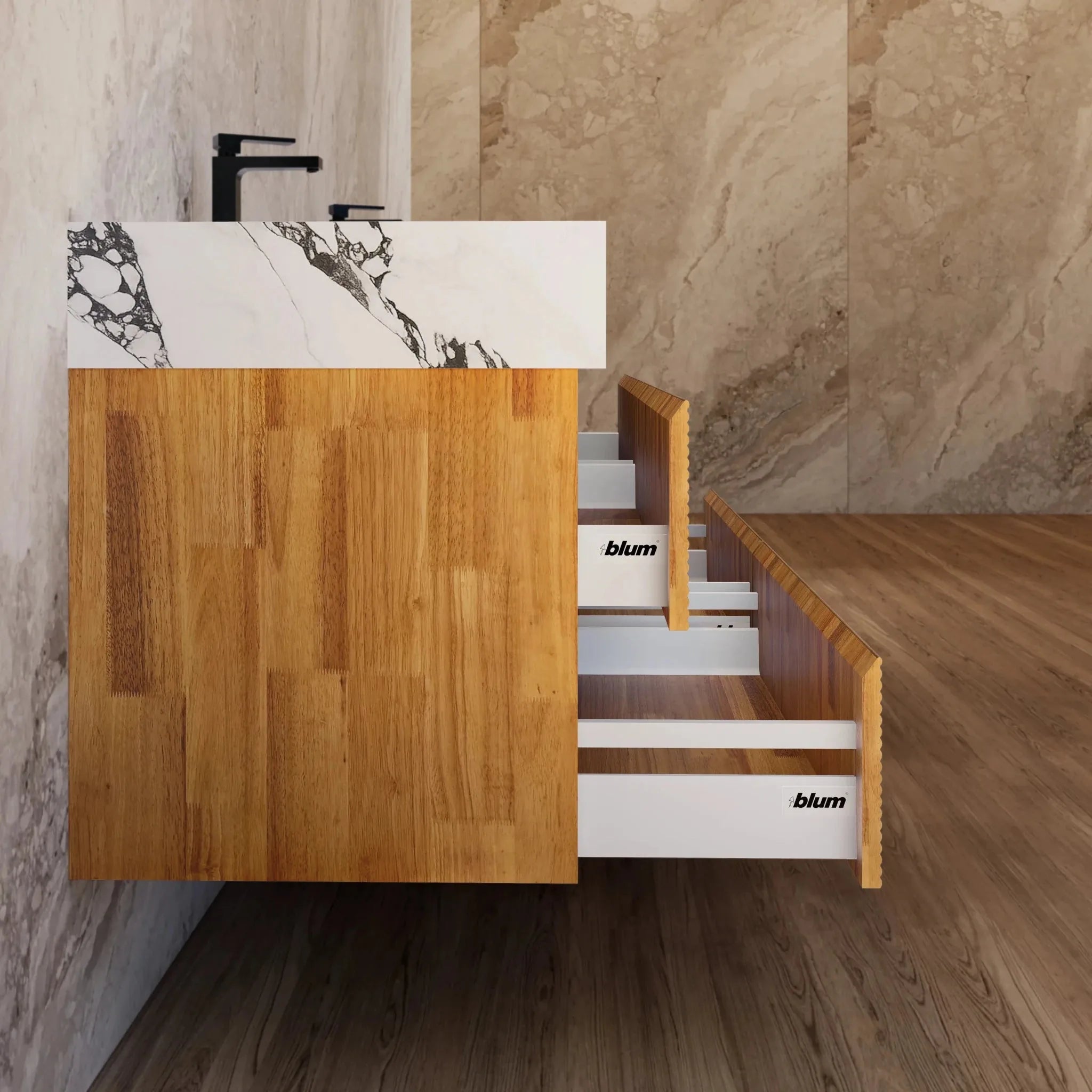 Aventino 60" Oak Fluted Floating Double-Sink Vanity with Sintered Stone Top