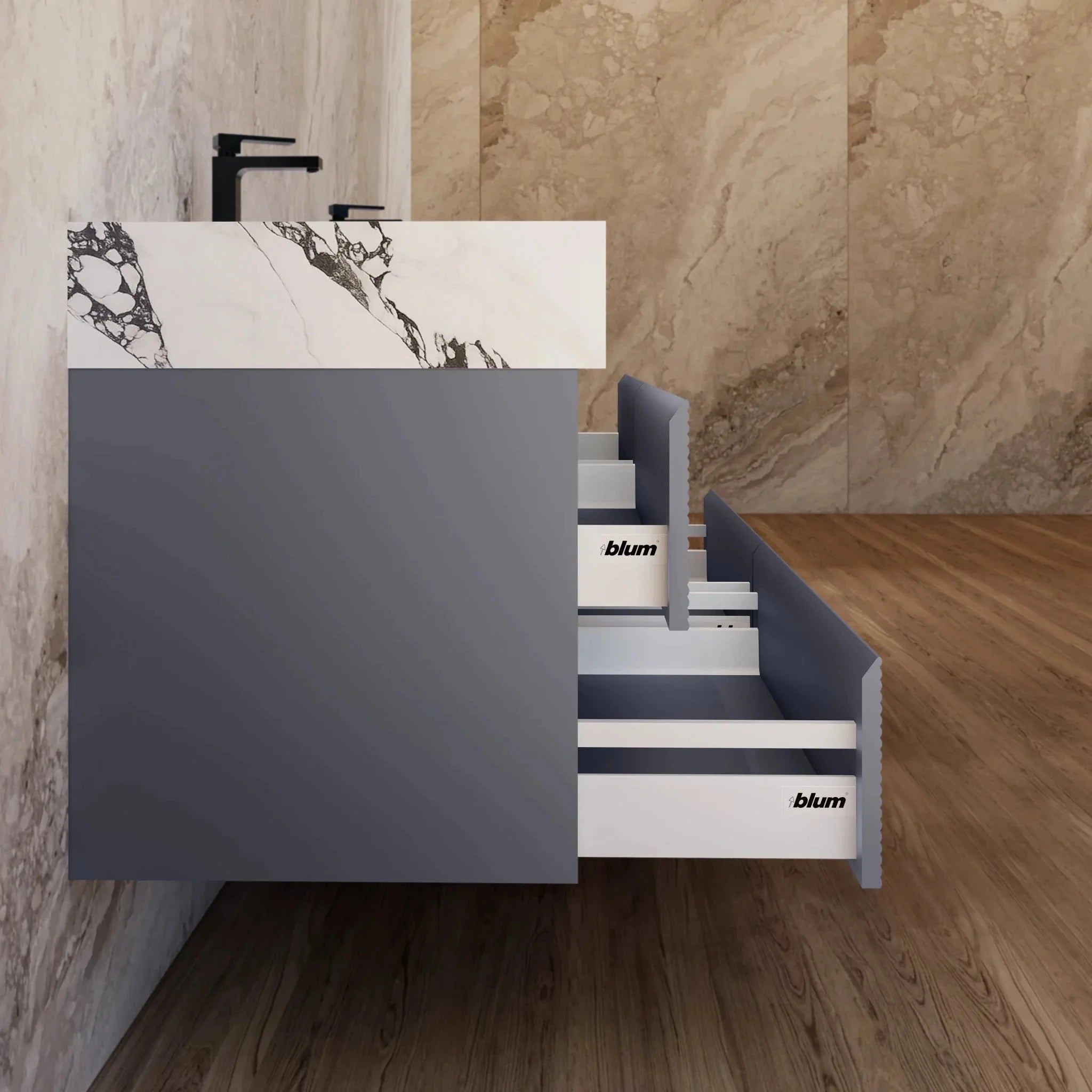 Aventino 60"/71" Dark Grey Fluted Floating Double-Sink Vanity with Sintered Stone Top