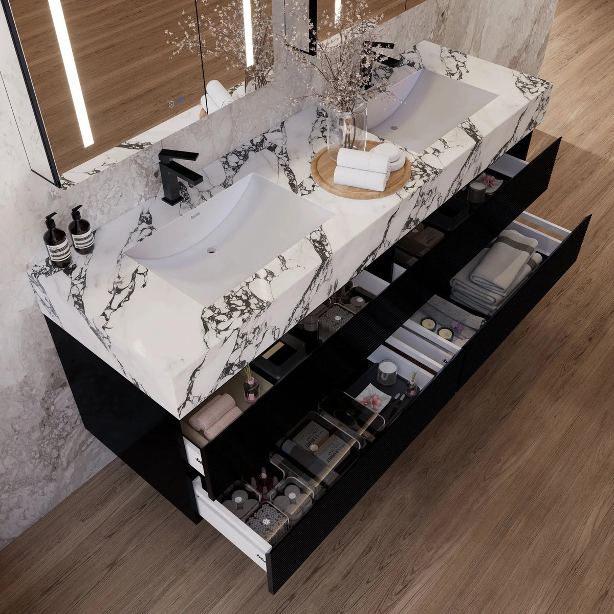 Aventino 60-inch Calacatta Black fluted floating double-sink vanity — sintered stone top