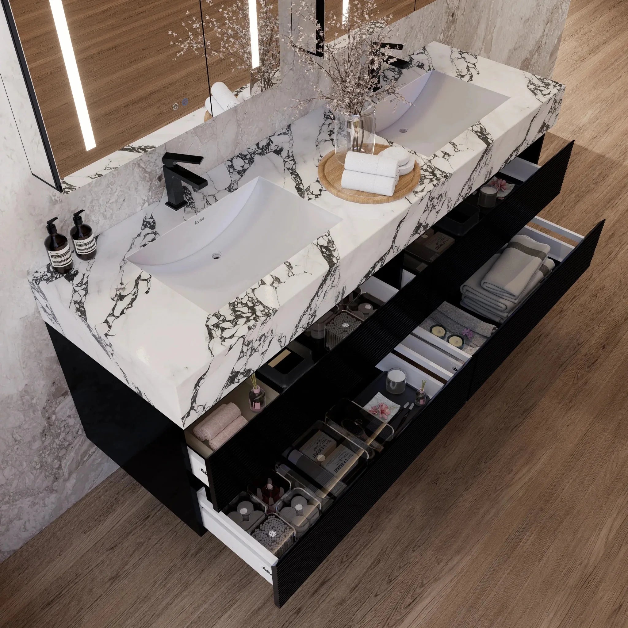 Aventino 60" Black Fluted Floating Double-Sink Vanity with Sintered Stone Top