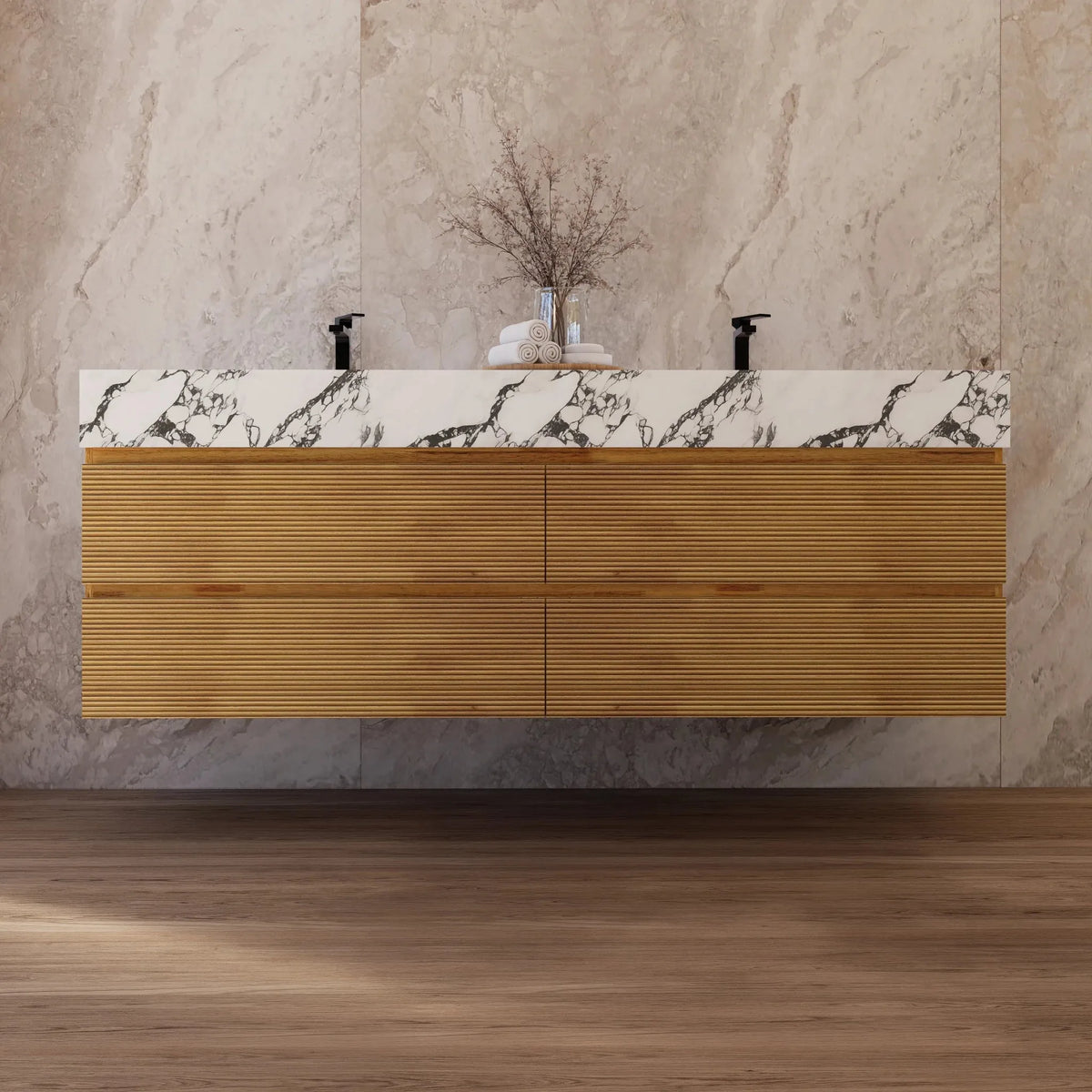 Aventino 60-inch natural-oak fluted floating double-sink vanity with calacatta black sintered stone top