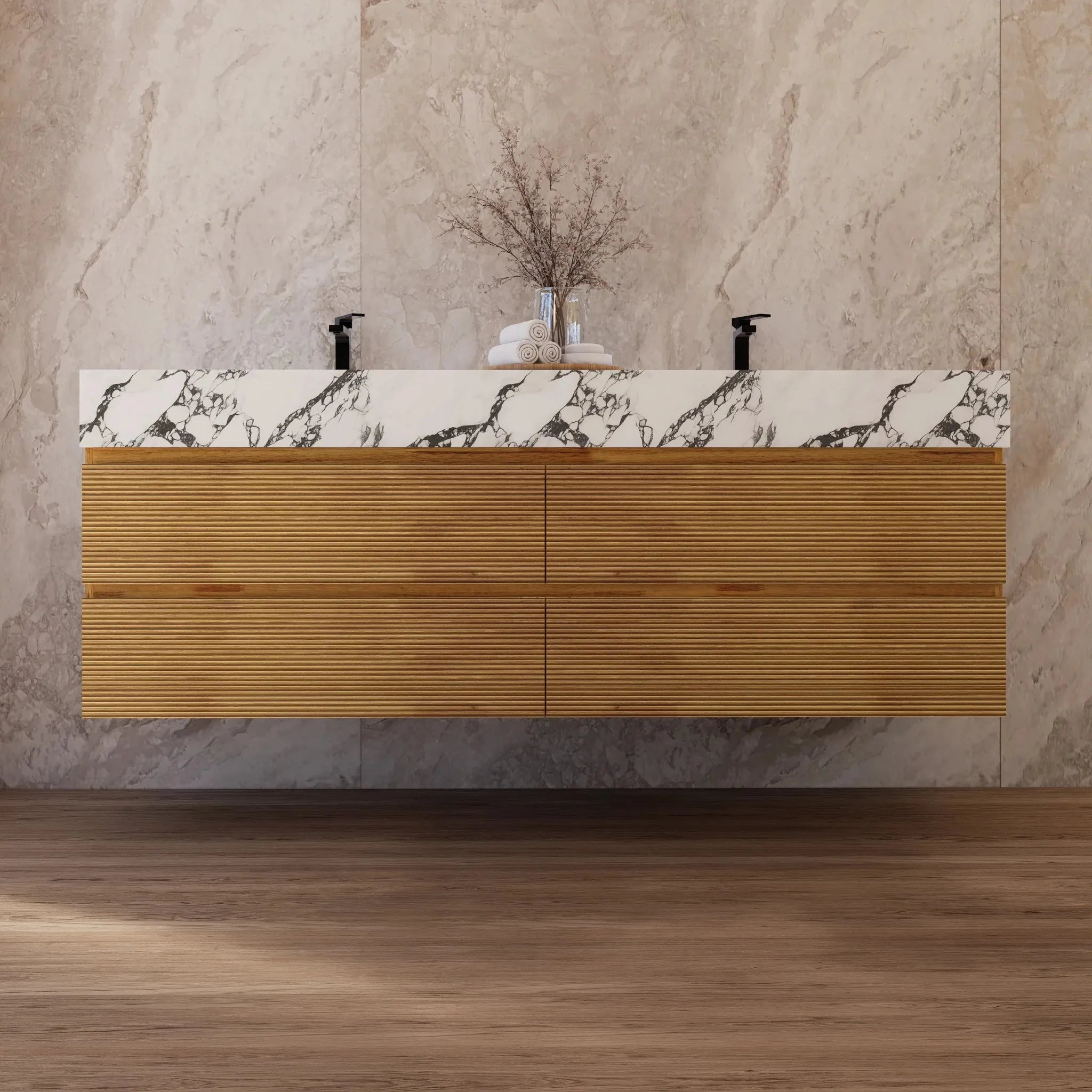 Aventino 60" Oak Fluted Floating Double-Sink Vanity with Sintered Stone Top