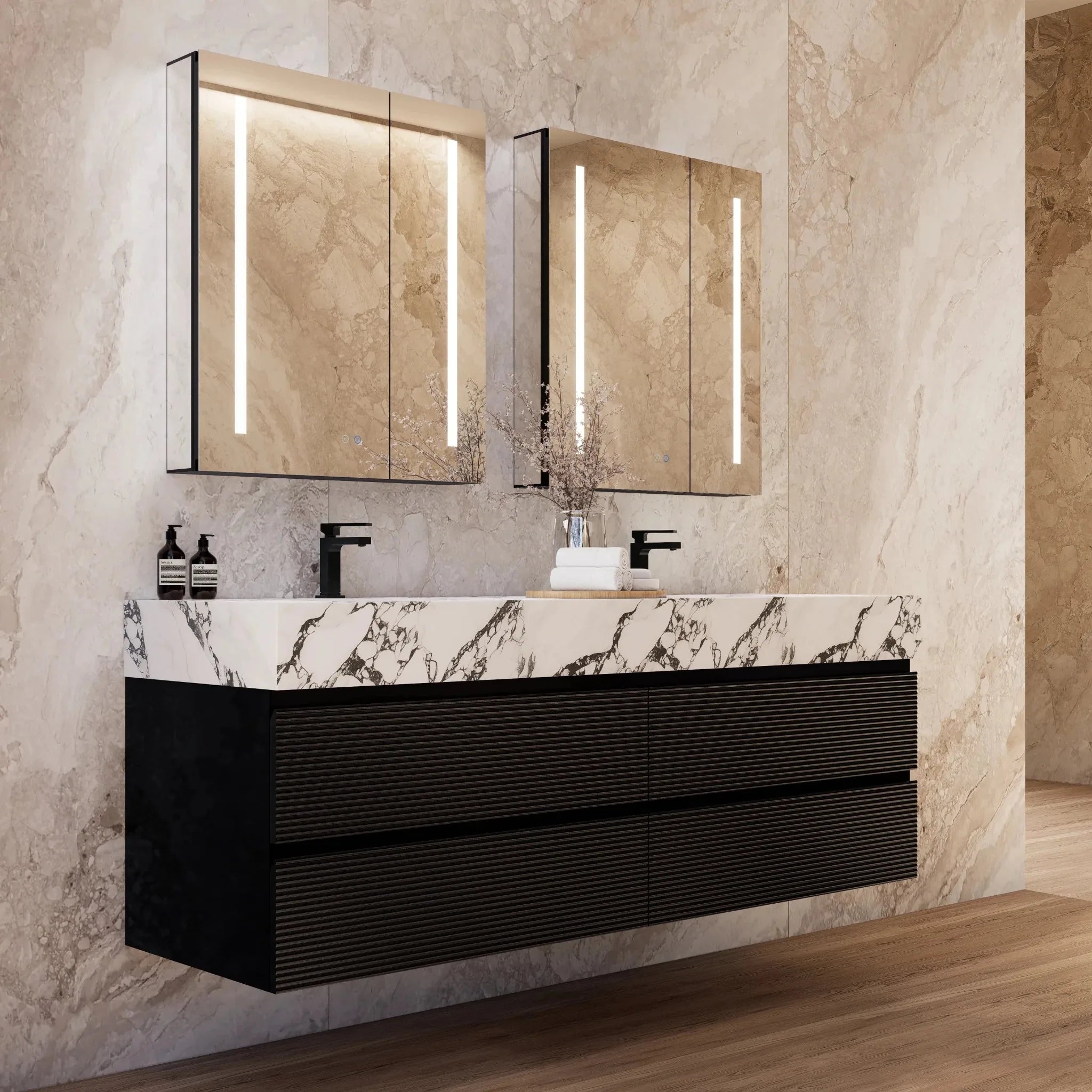 Aventino 60" Black Fluted Floating Double-Sink Vanity with Sintered Stone Top