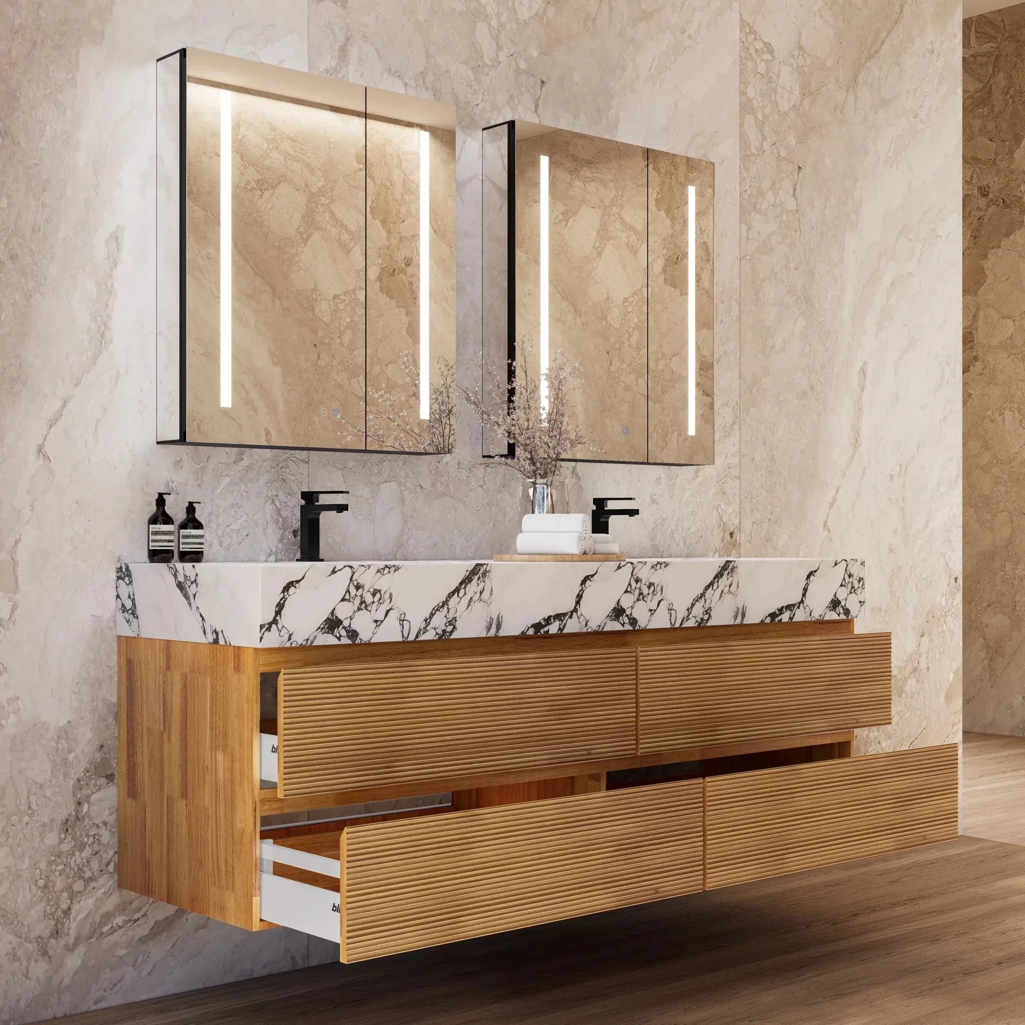 Aventino 60" Oak Fluted Floating Double-Sink Vanity with Sintered Stone Top