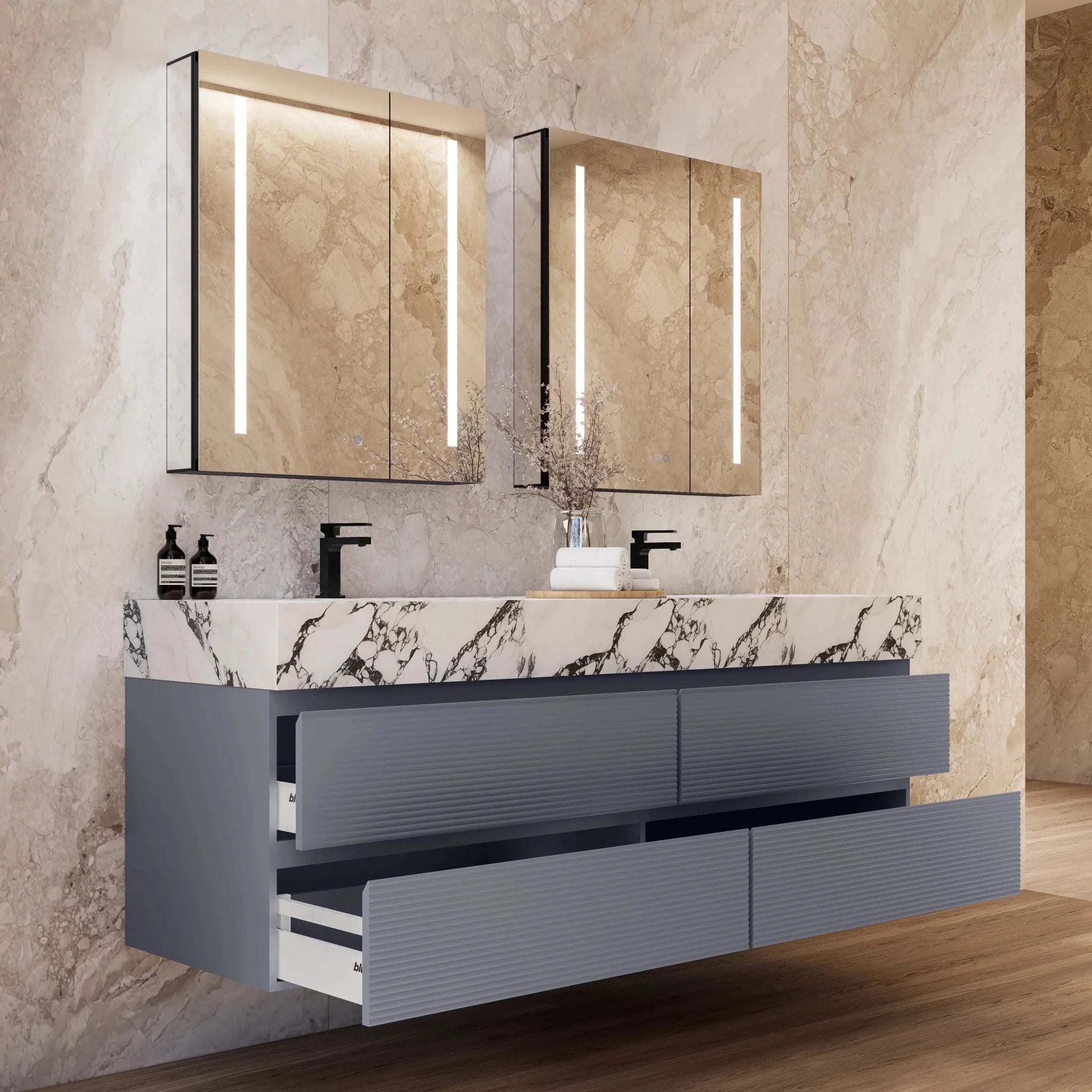 Aventino 60"/71" Dark Grey Fluted Floating Double-Sink Vanity with Sintered Stone Top