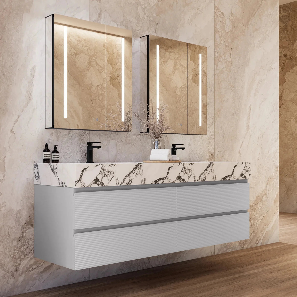 Aventino 60-inch Calacatta Black fluted floating double-sink vanity — sintered stone top