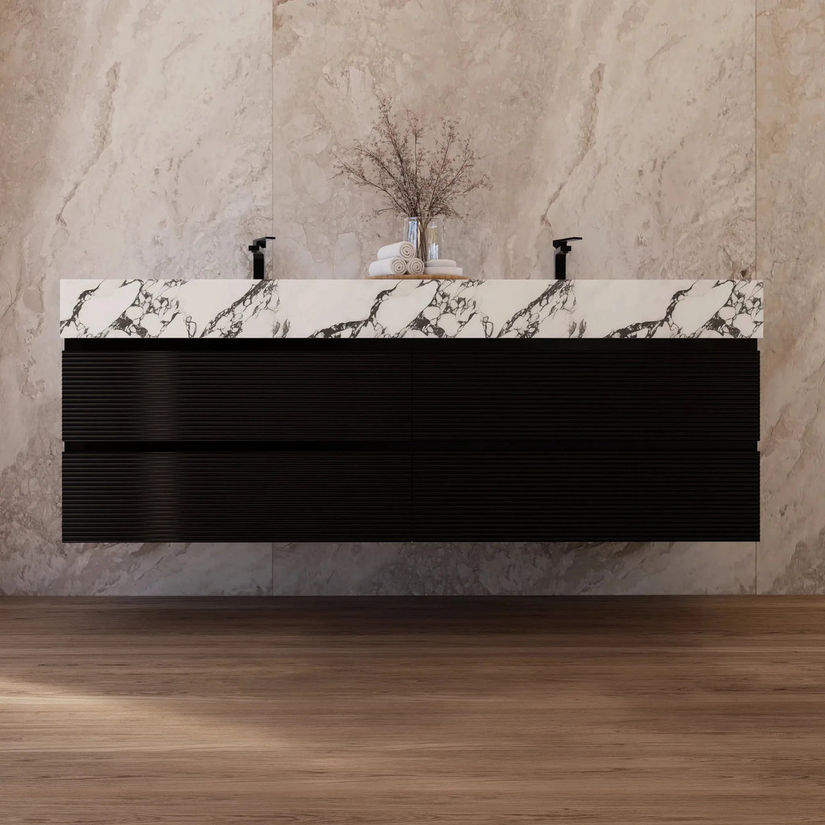 Aventino 60-inch Calacatta Black fluted floating double-sink vanity — sintered stone top