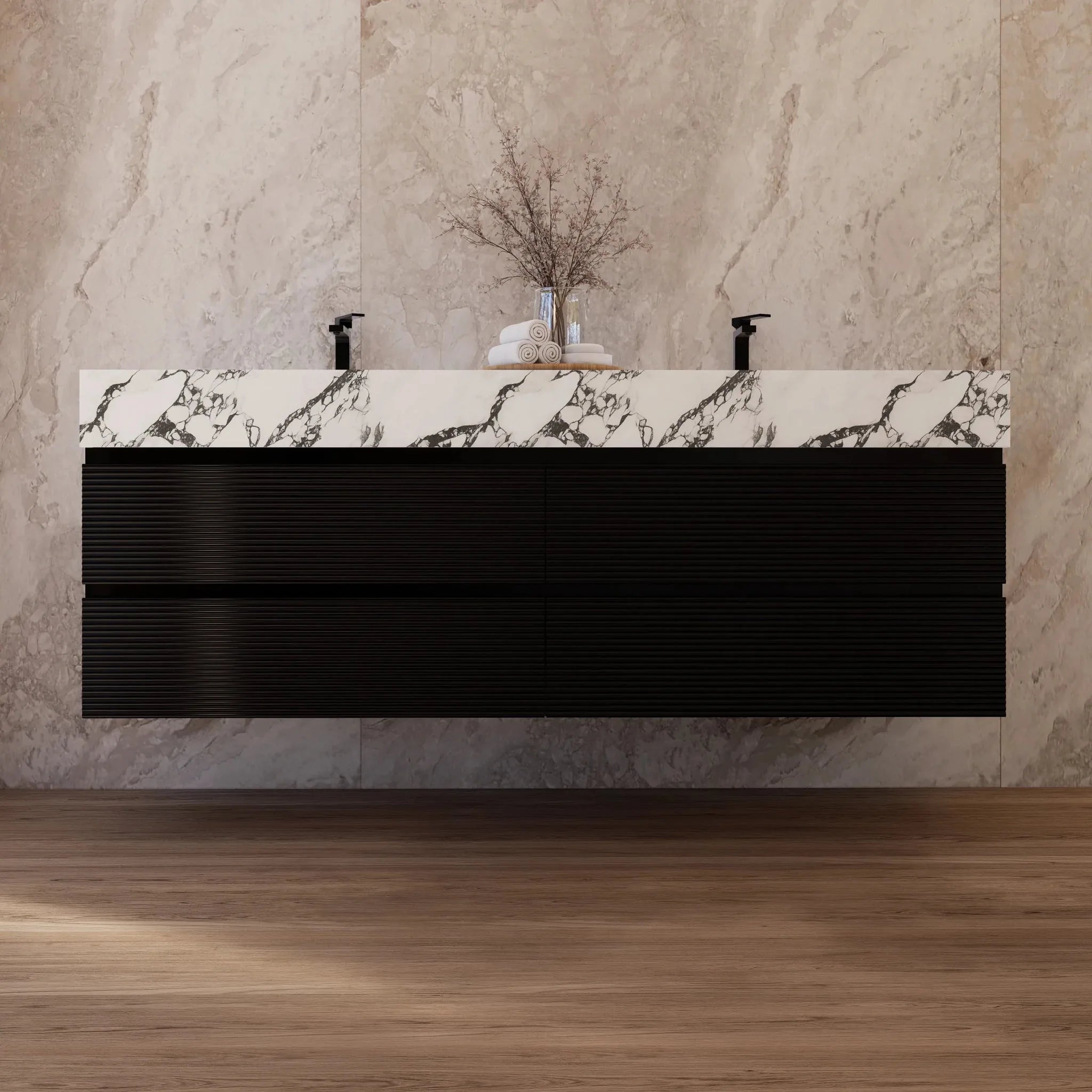 Aventino 60" Black Fluted Floating Double-Sink Vanity with Sintered Stone Top