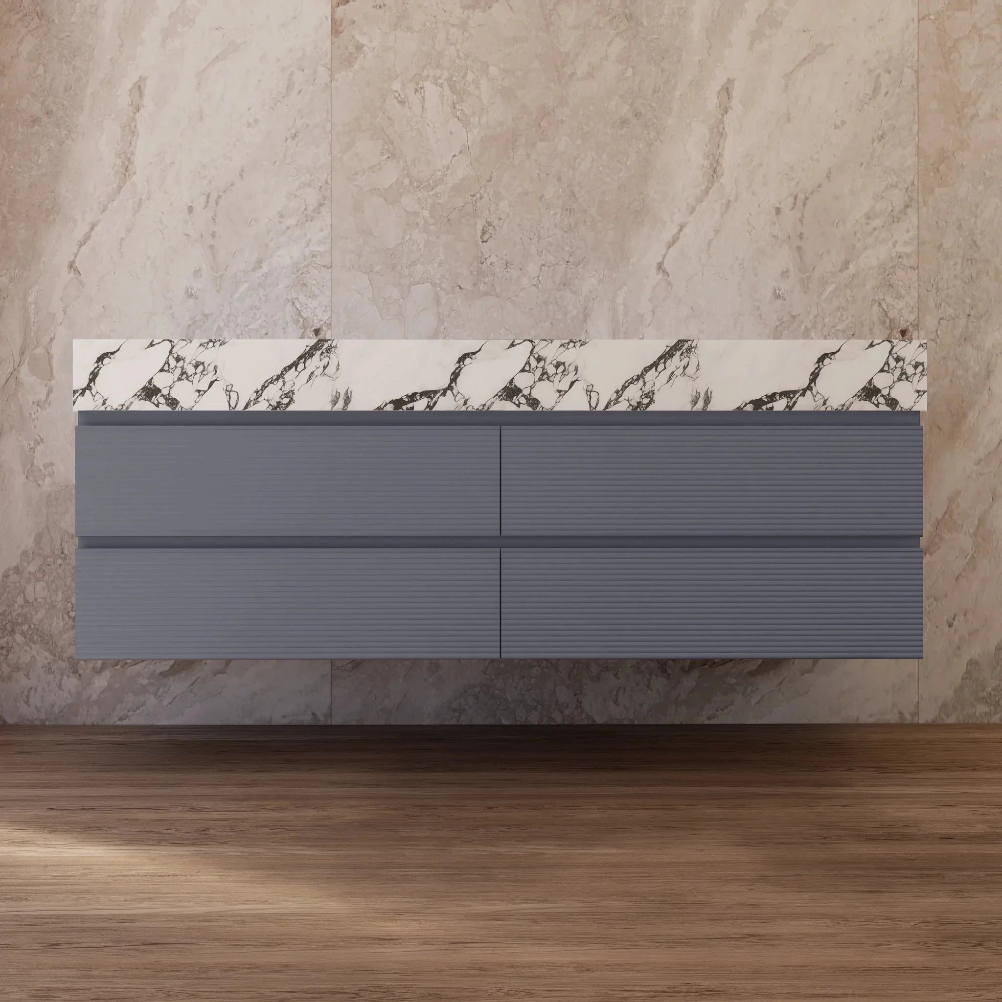 Aventino 60"/71" Dark Grey Fluted Floating Double-Sink Vanity with Sintered Stone Top