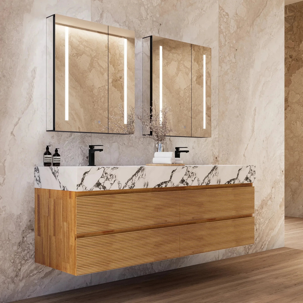 Aventino 60-inch natural-oak fluted floating double-sink vanity with calacatta black sintered stone top