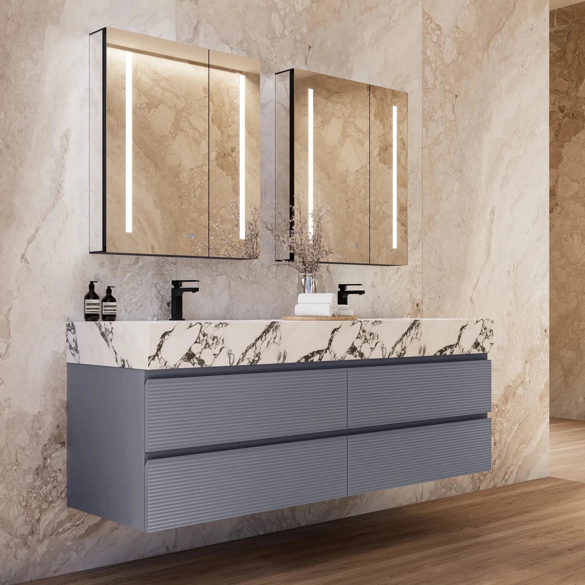 Aventino 60"/71" Dark Grey Fluted Floating Double-Sink Vanity with Sintered Stone Top