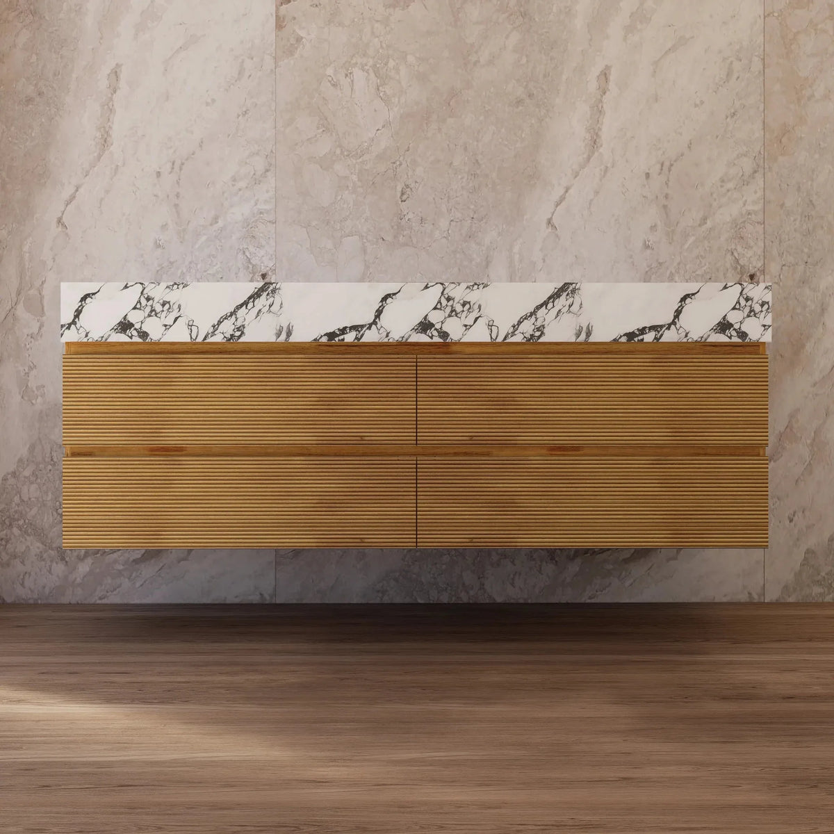 Aventino 60-inch natural-oak fluted floating double-sink vanity with calacatta black sintered stone top