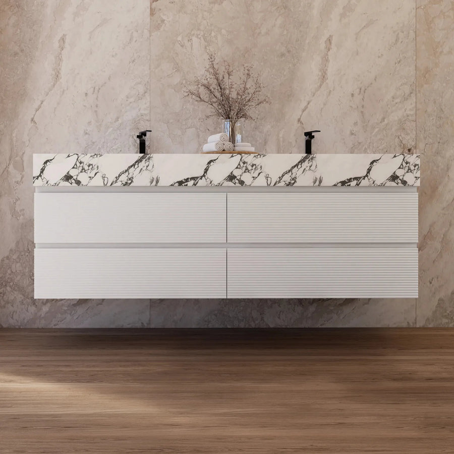 Aventino 60" White Fluted Floating Double-Sink Vanity with Sintered Stone Top