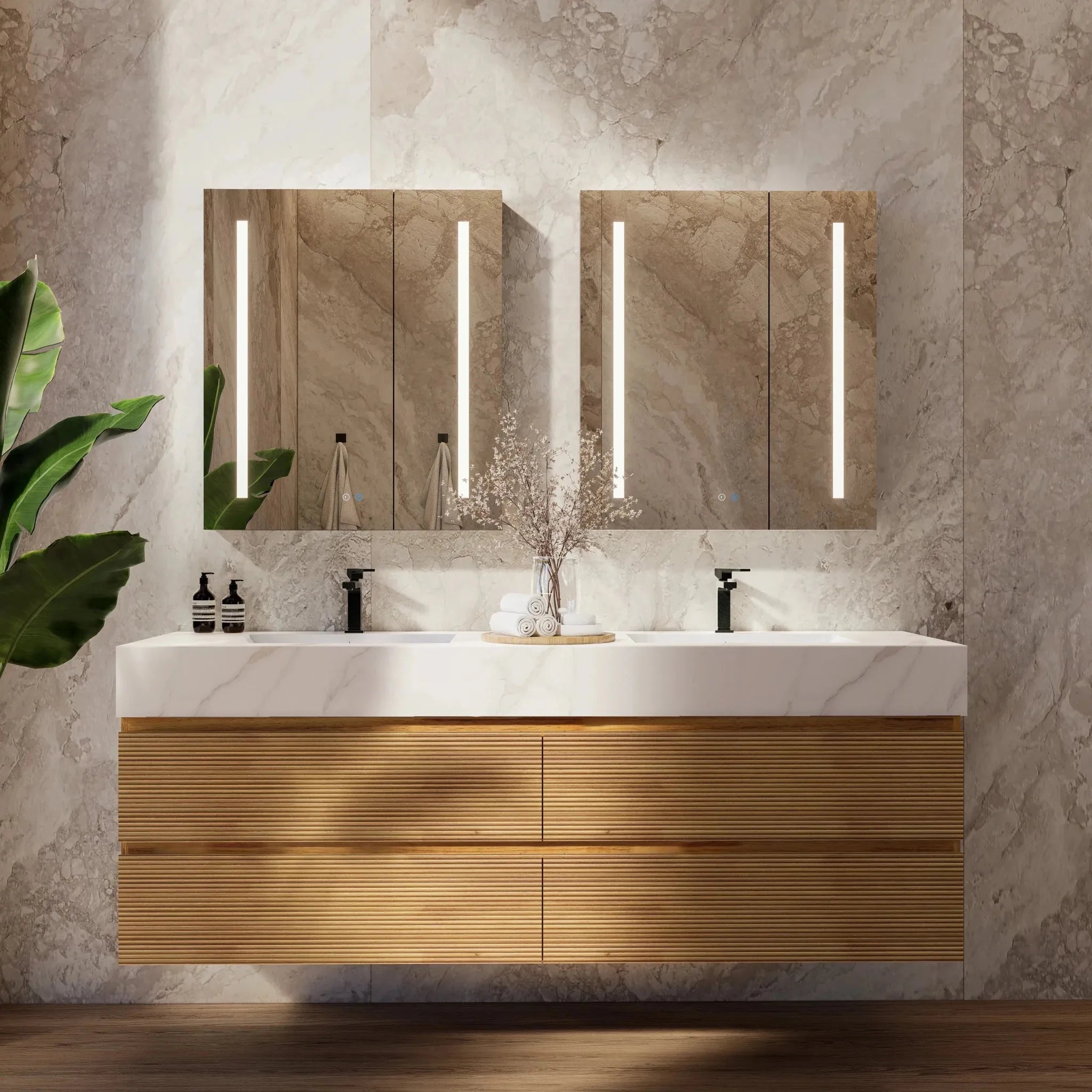 Aventino 60" Oak Fluted Floating Double-Sink Vanity with Sintered Stone Top