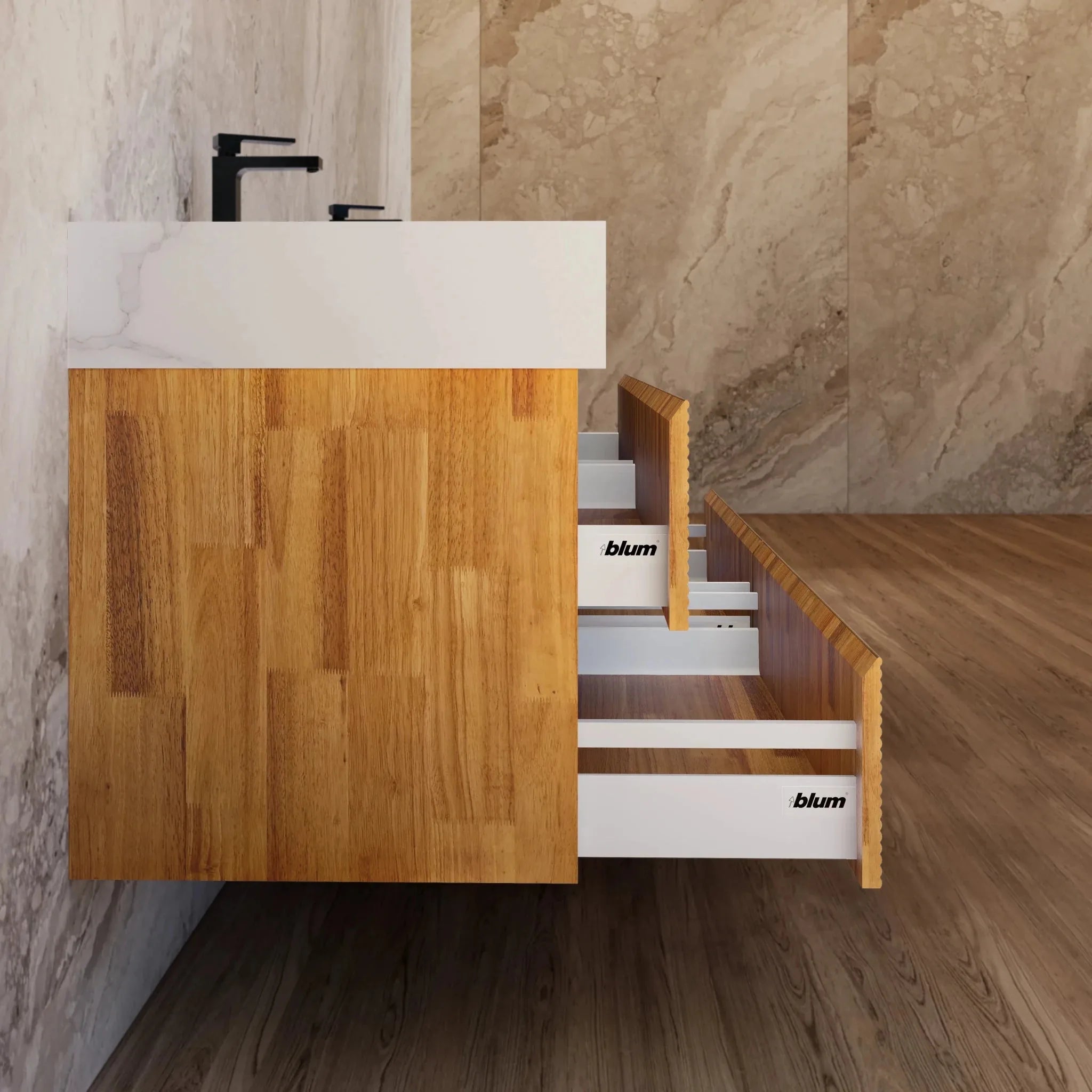 Aventino 60" Oak Fluted Floating Double-Sink Vanity with Sintered Stone Top