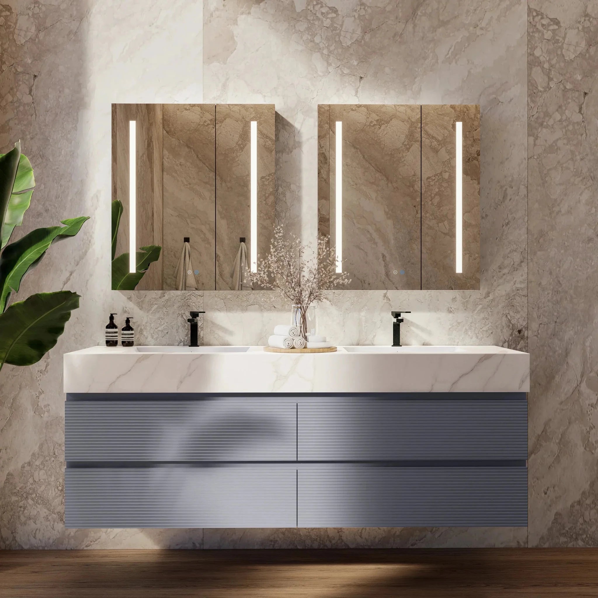 Aventino 60"/71" Dark Grey Fluted Floating Double-Sink Vanity with Sintered Stone Top