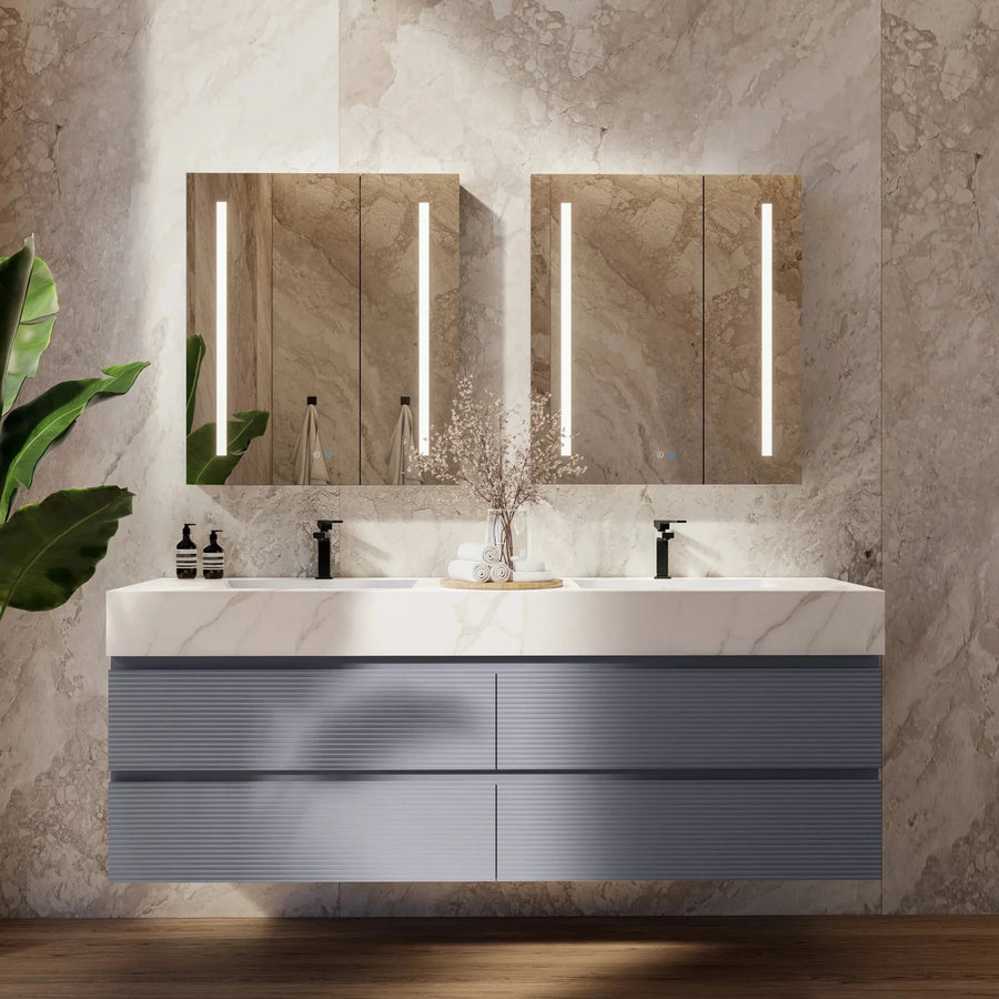 Aventino 60"/71" Dark Grey Fluted Floating Double-Sink Vanity with Sintered Stone Top