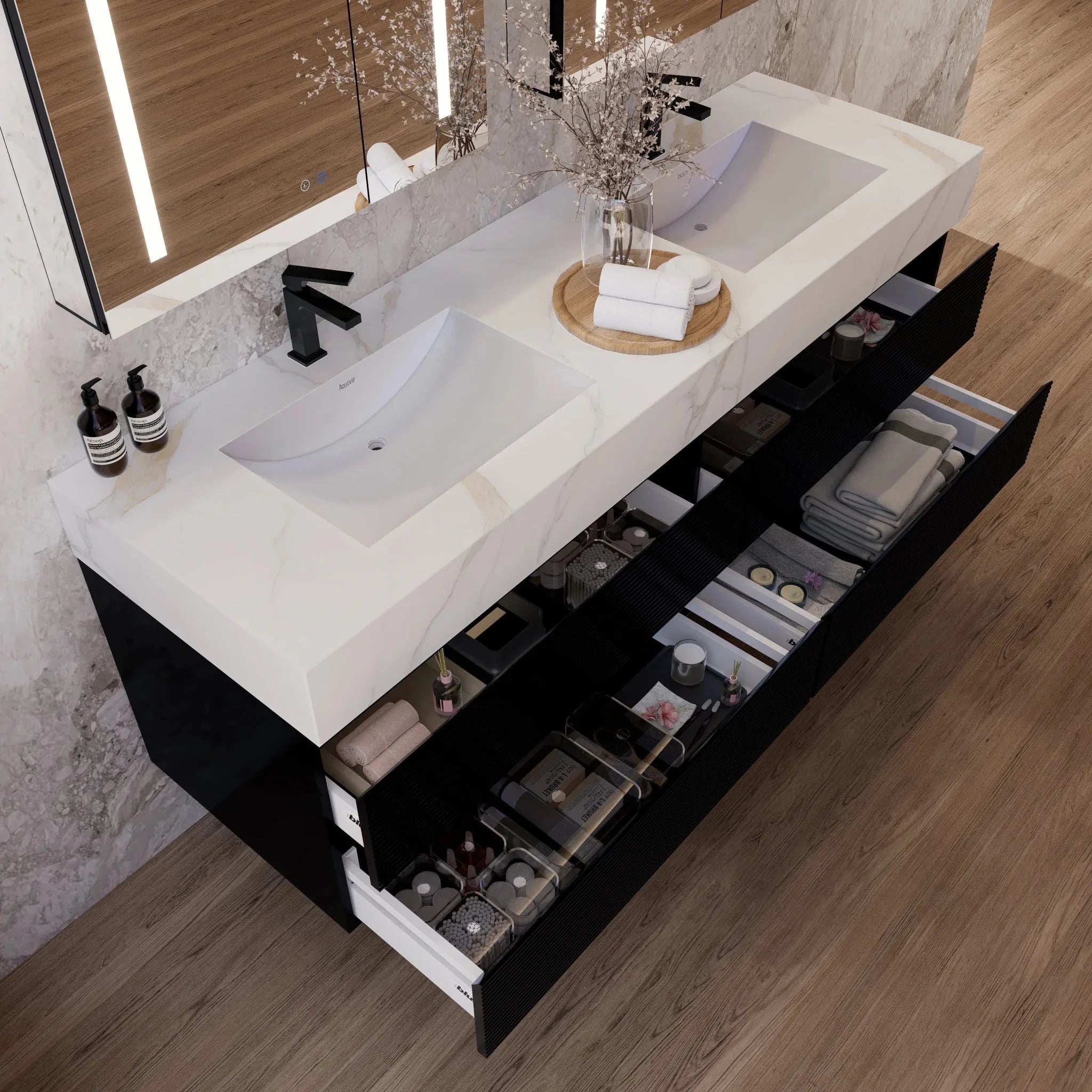 Aventino 60" Black Fluted Floating Double-Sink Vanity with Sintered Stone Top
