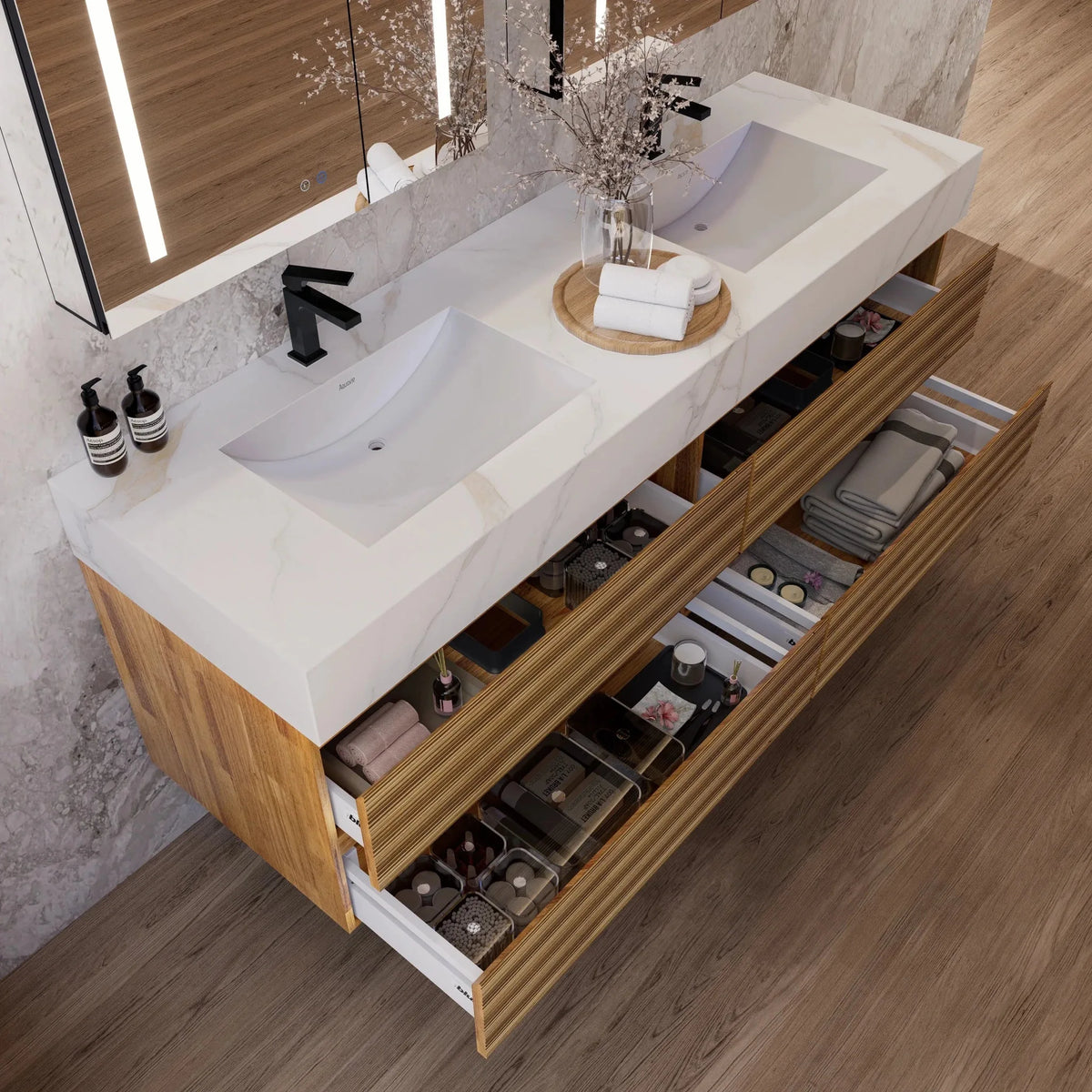 Aventino 60-inch natural-oak fluted floating double-sink vanity with calacatta gold sintered stone top