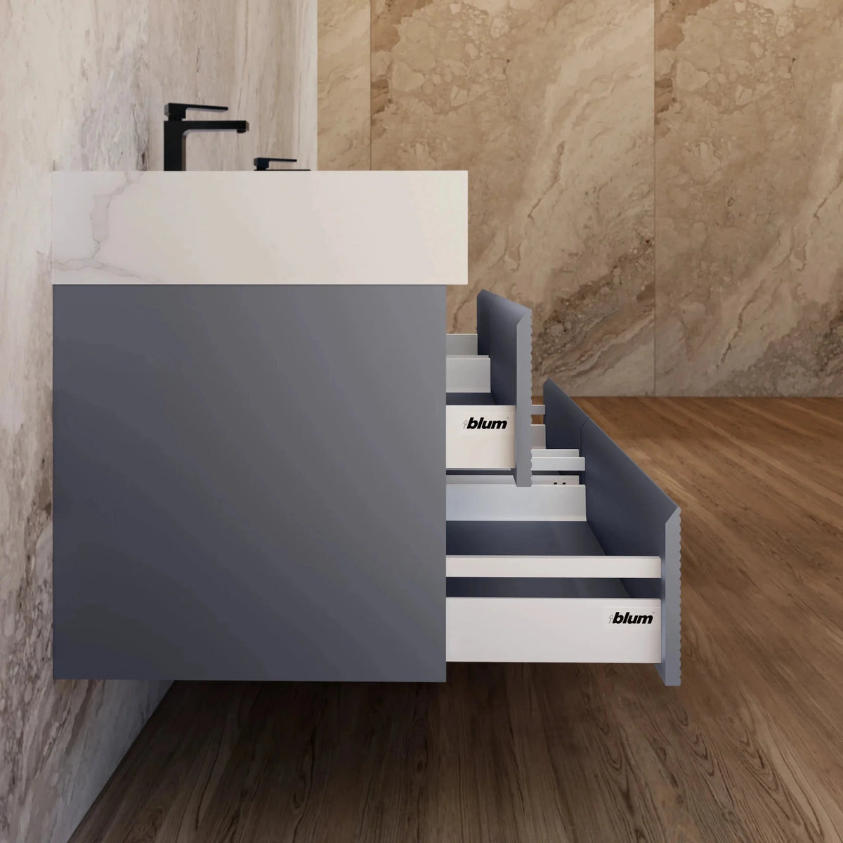 Aventino 60-inch Calacatta Gold fluted floating double-sink vanity — sintered stone top