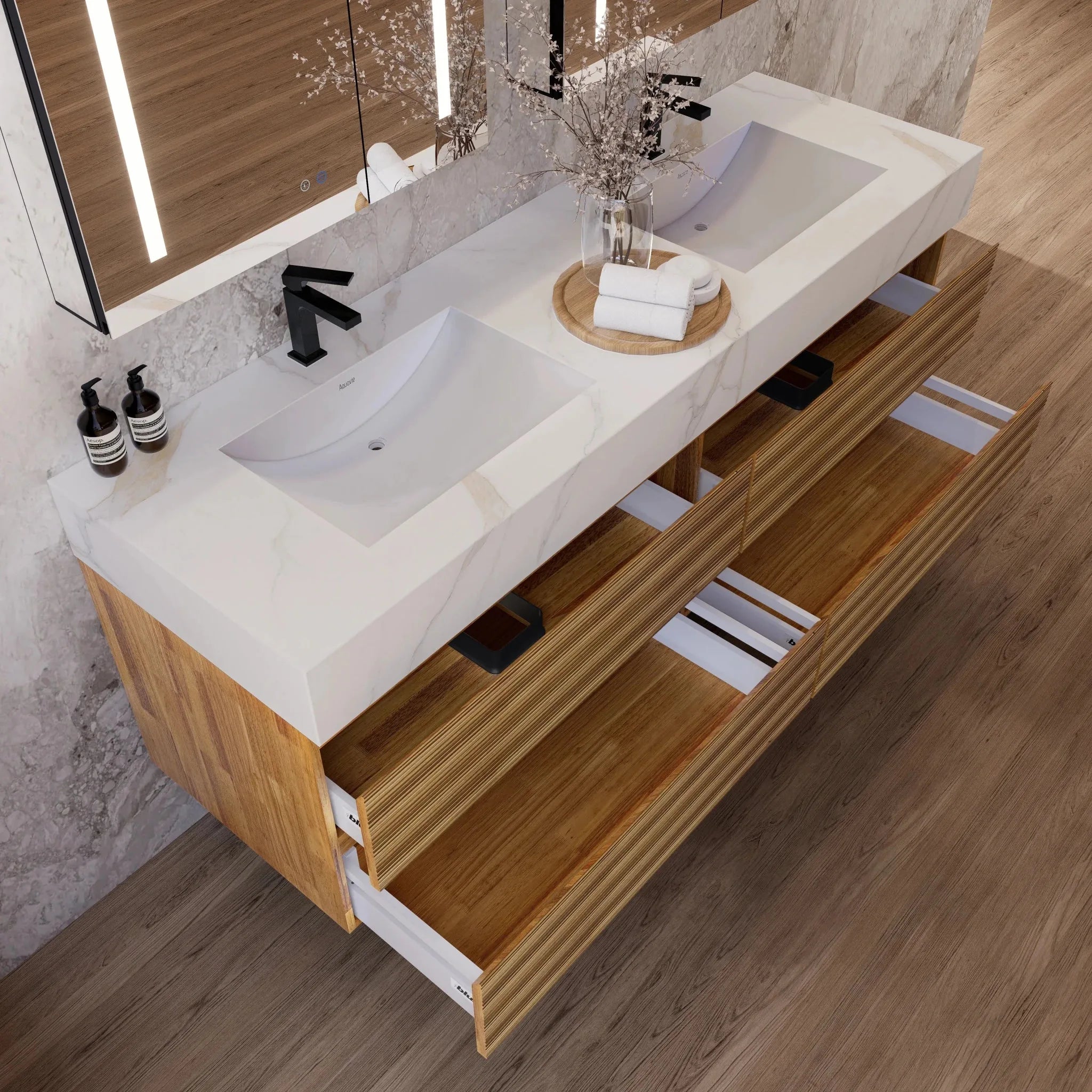 Aventino 60" Oak Fluted Floating Double-Sink Vanity with Sintered Stone Top