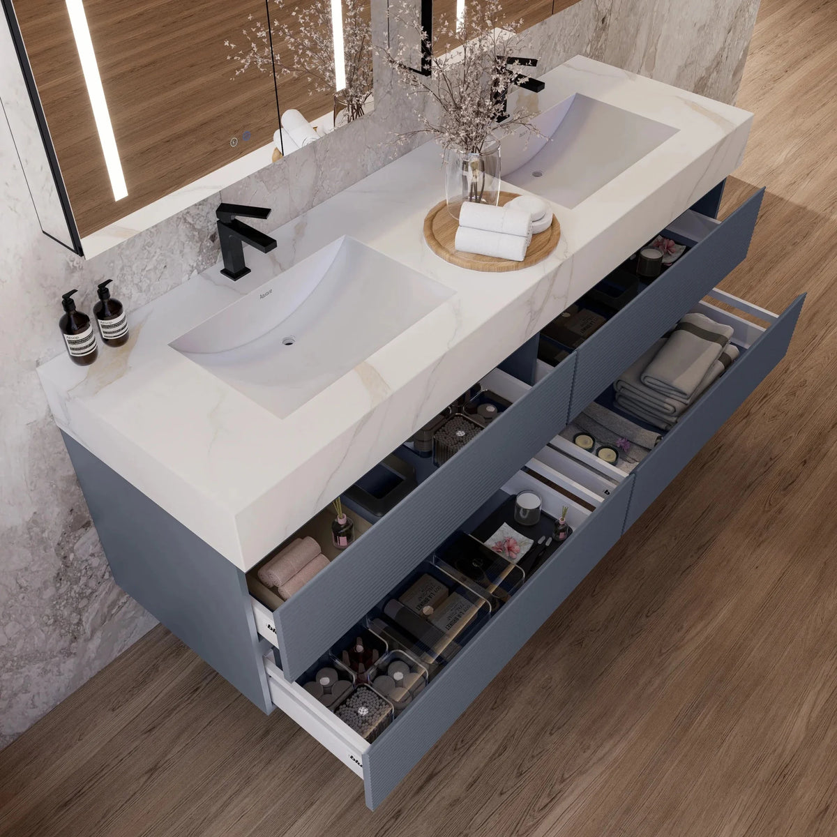 Aventino 60-inch Calacatta Gold fluted floating double-sink vanity — sintered stone top