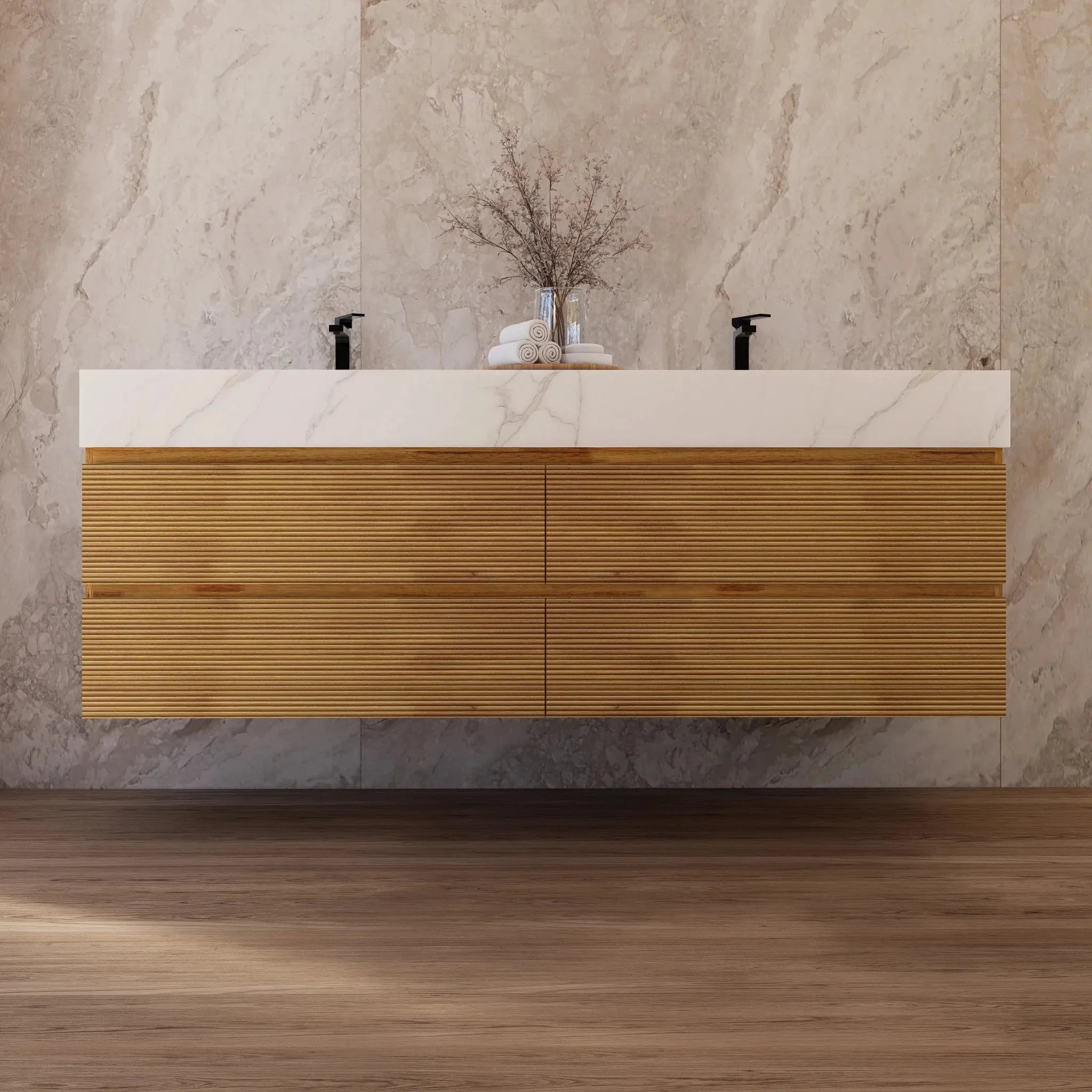 Aventino 60" Oak Fluted Floating Double-Sink Vanity with Sintered Stone Top