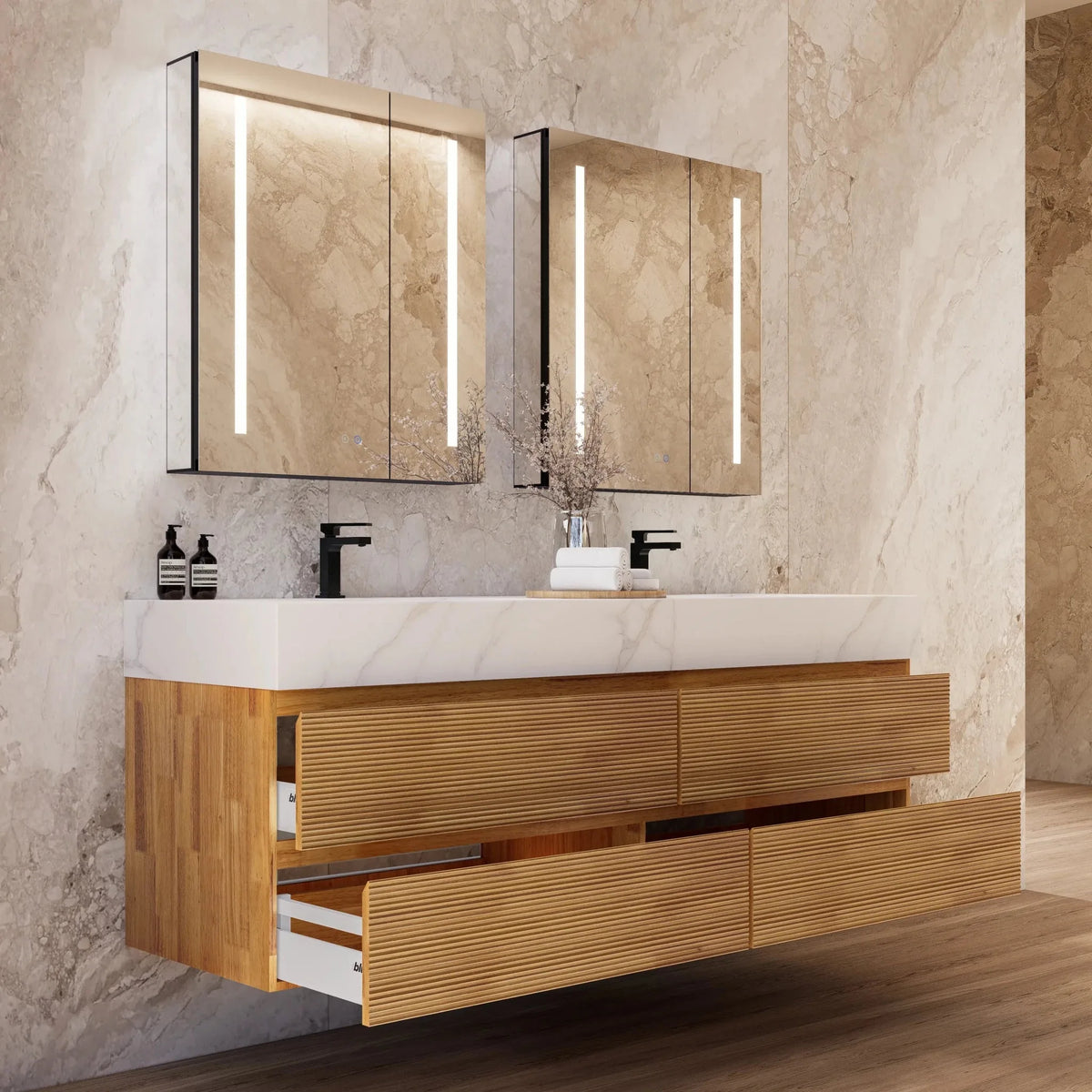 Aventino 60-inch natural-oak fluted floating double-sink vanity with calacatta gold sintered stone top