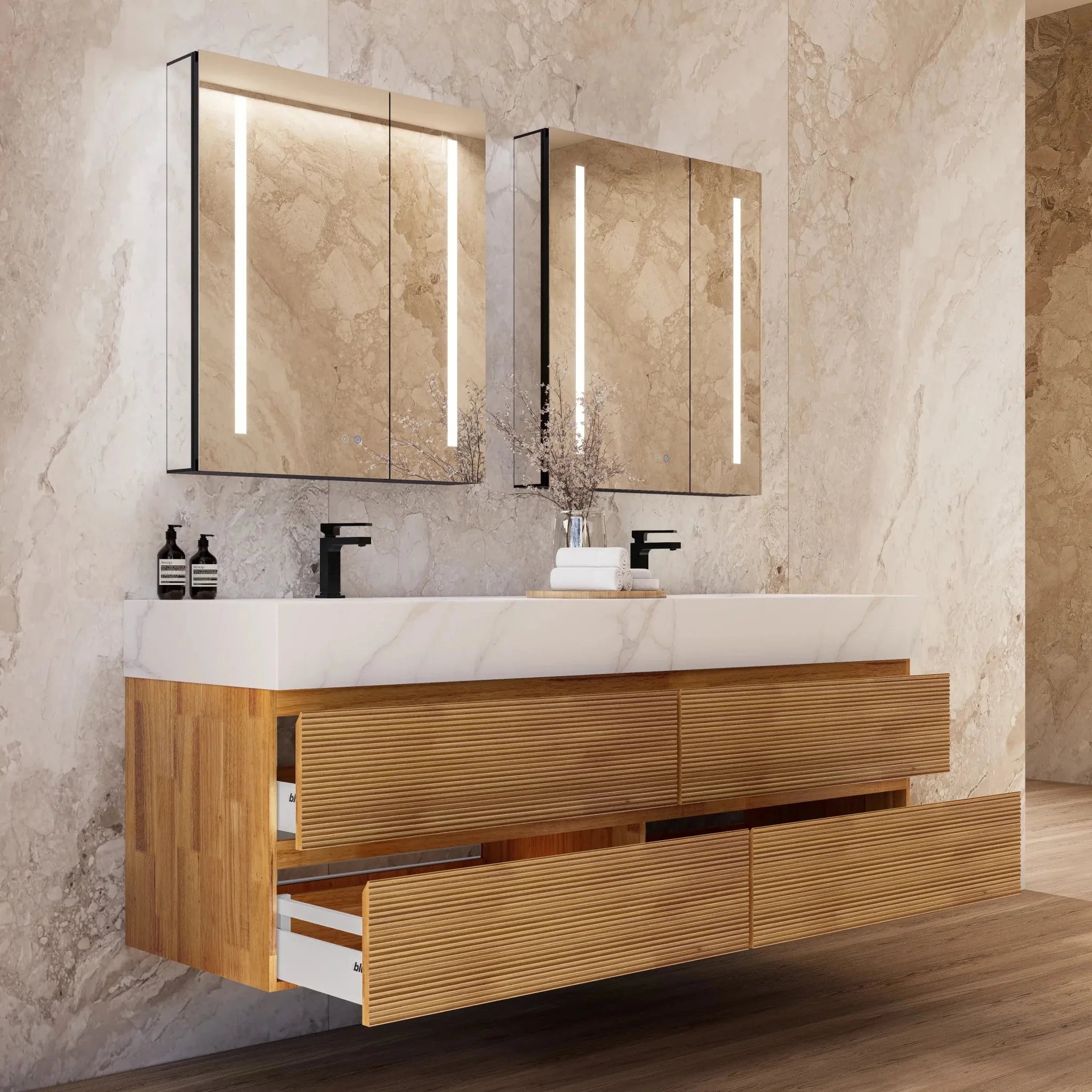 Aventino 60" Oak Fluted Floating Double-Sink Vanity with Sintered Stone Top