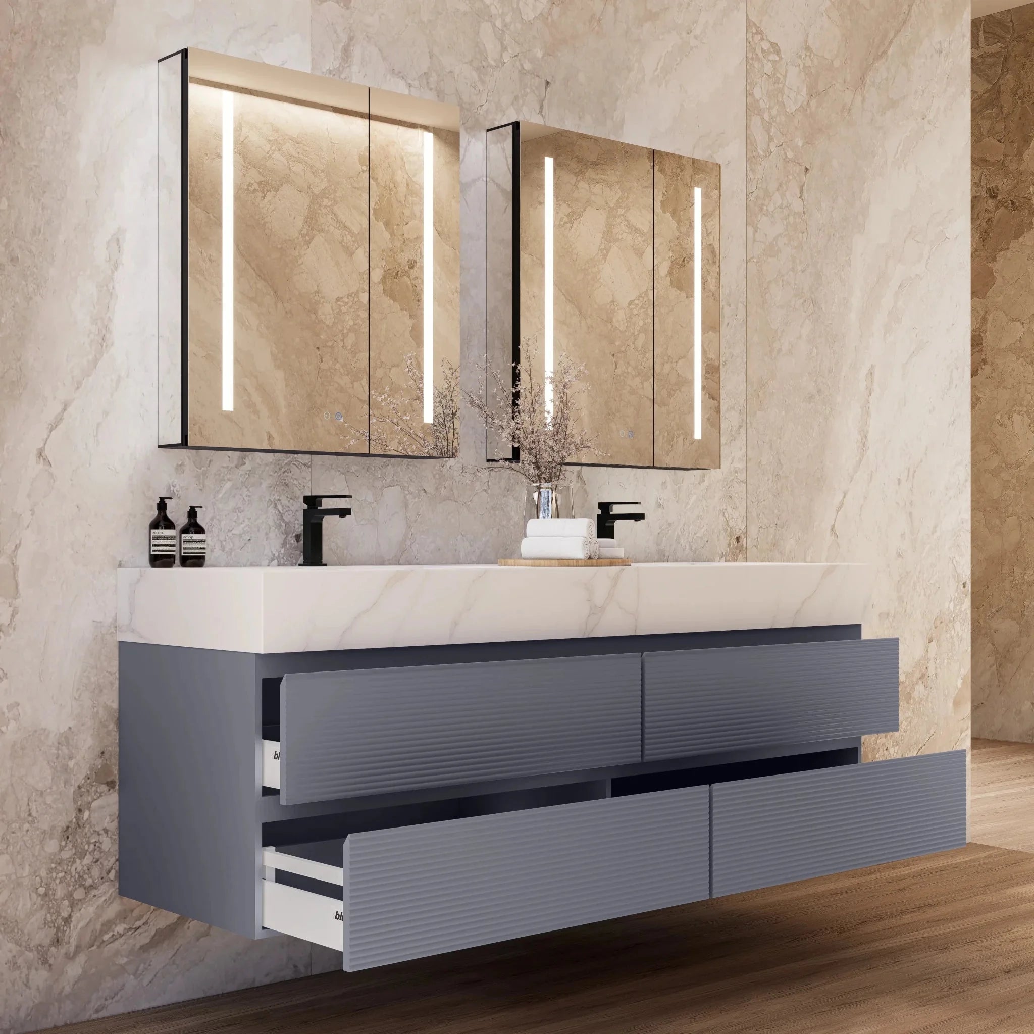 Aventino 60"/71" Dark Grey Fluted Floating Double-Sink Vanity with Sintered Stone Top